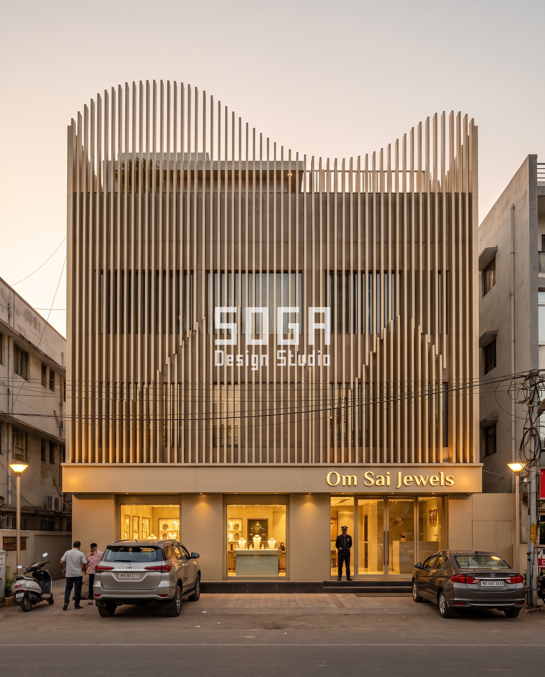 Jewellery Showroom Metal Facade Patterns: 8 SOGA Concepts 7 Champagne-anodised wave fin facade, Om Sai Jewels jewellery showroom, Ahmedabad
