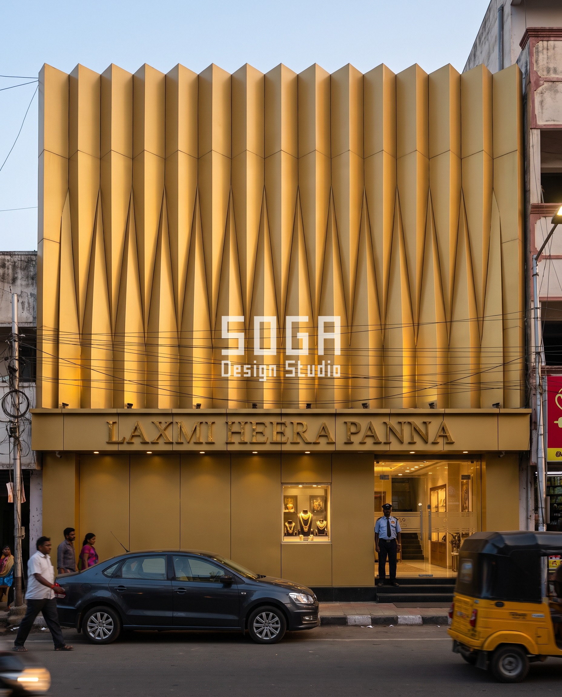 Jewellery Showroom Metal Facade Patterns: 8 SOGA Concepts 8 Gold ACP folded pleat facade, Laxmi Heera Panna jewellery showroom, Chennai