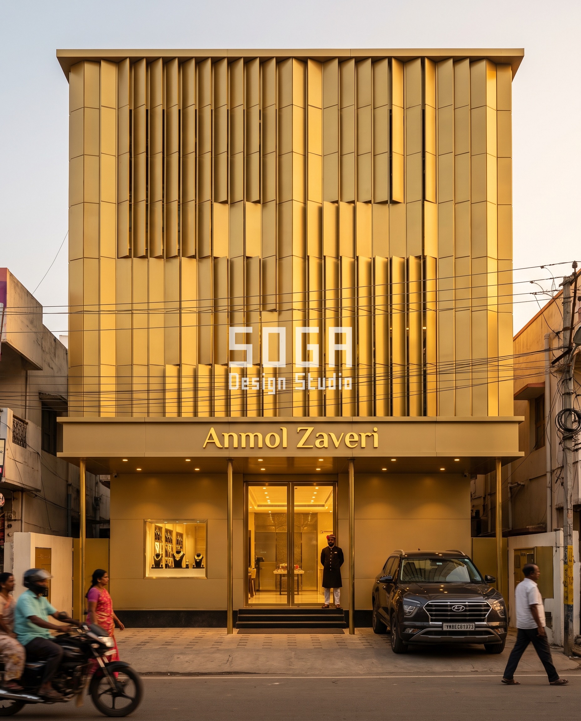 Jewellery Showroom Metal Facade Patterns: 8 SOGA Concepts 3 Rotating gold-anodised louvre facade, Anmol Zaveri jewellery showroom, Coimbatore