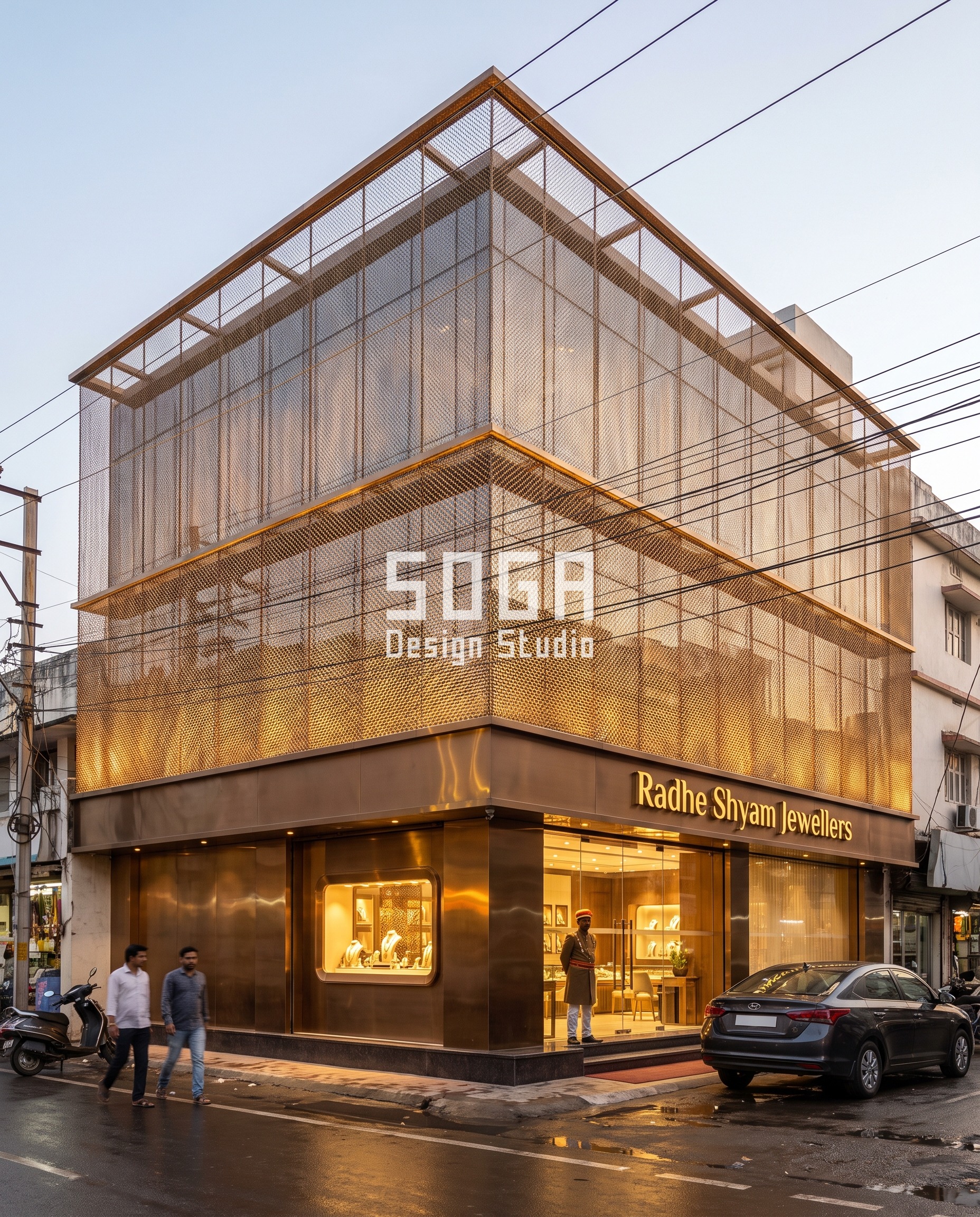 Jewellery Showroom Metal Facade Patterns: 8 SOGA Concepts 5 Bronze-PVD woven mesh facade, Radhe Shyam Jewellers jewellery showroom, Indore