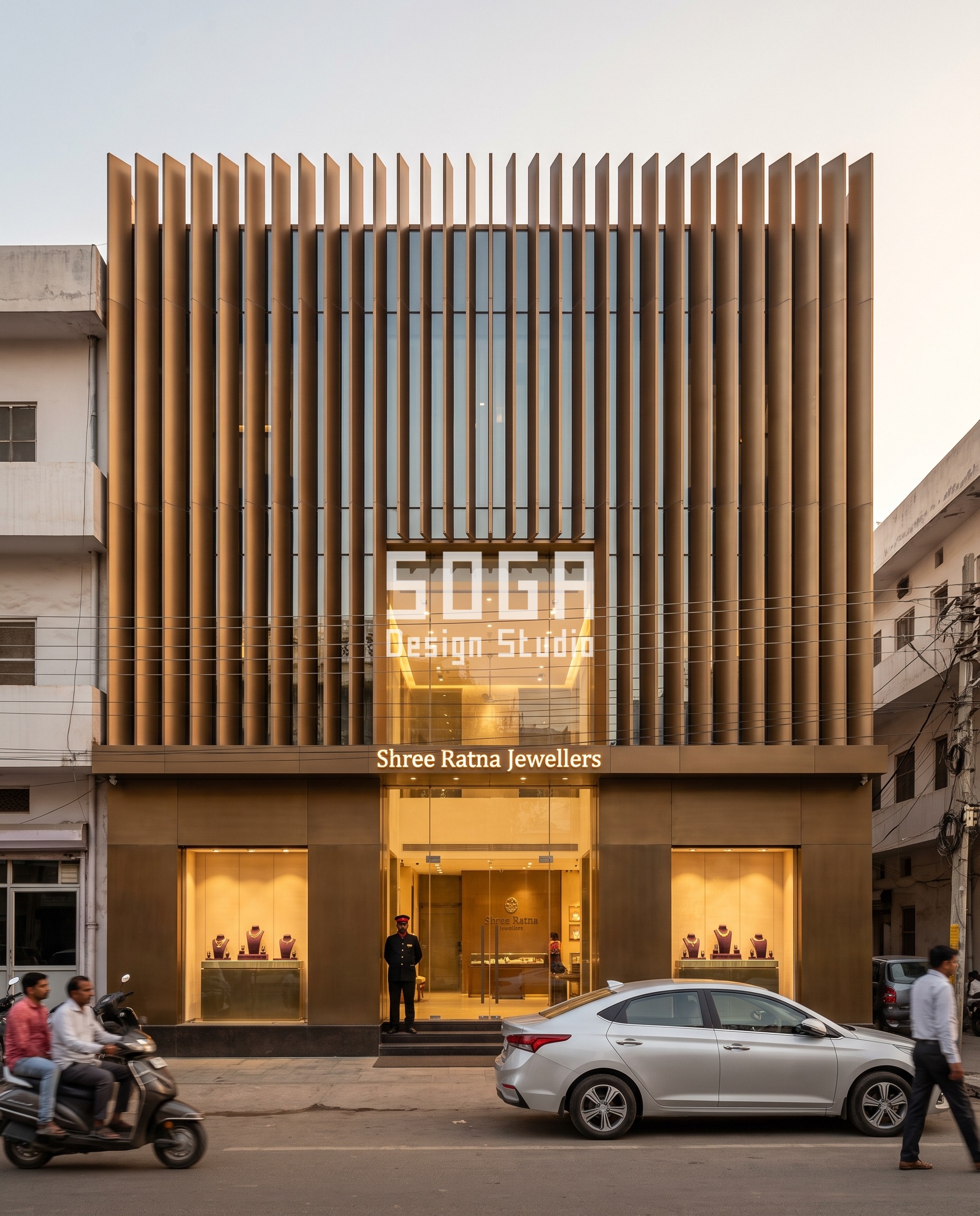 Bronze-anodised metal fin facade, Shree Ratna Jewellers jewellery showroom, Jaipur