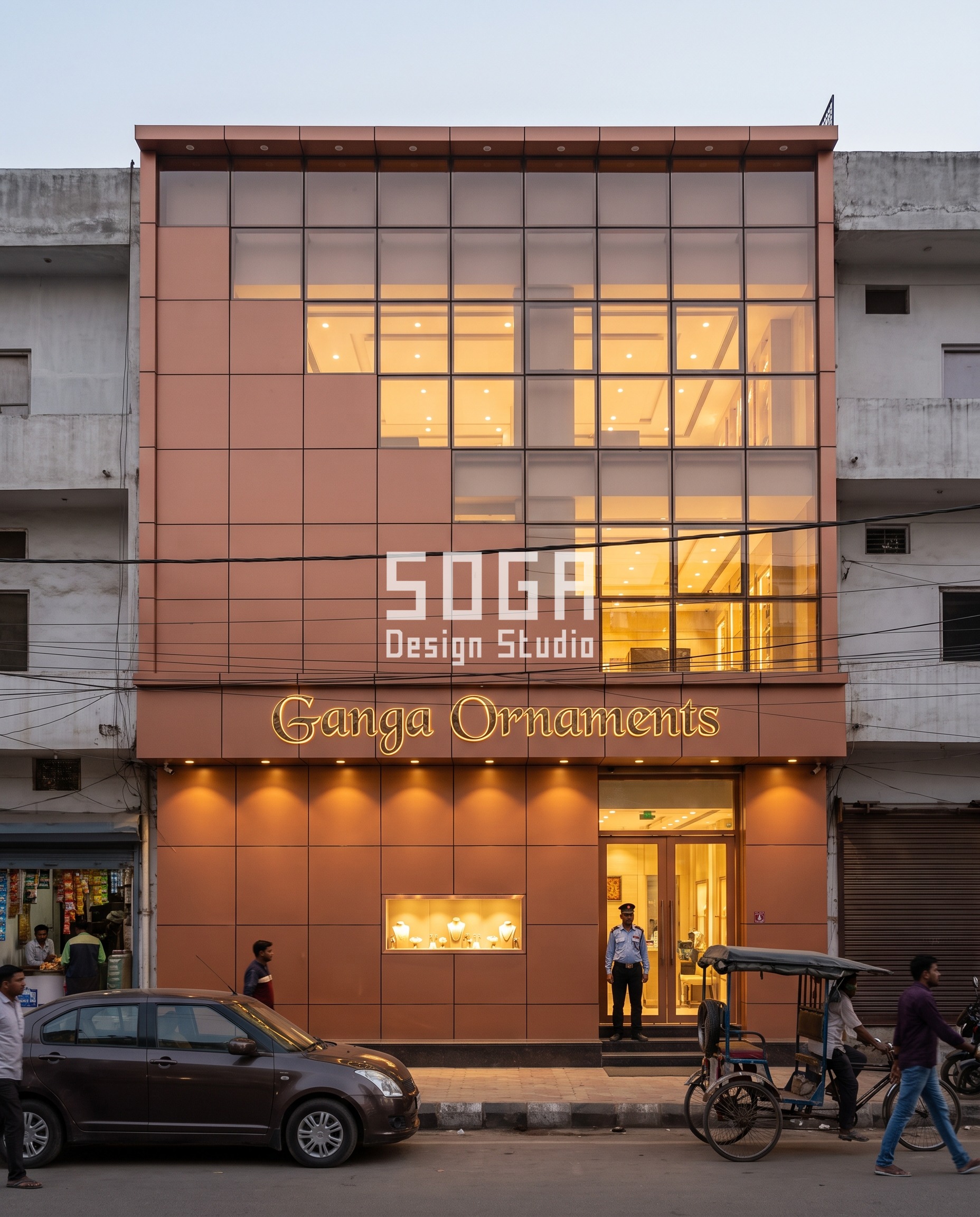 Jewellery Showroom Metal Facade Patterns: 8 SOGA Concepts 4 Copper-tone pixel grid facade, Ganga Ornaments jewellery showroom, Lucknow