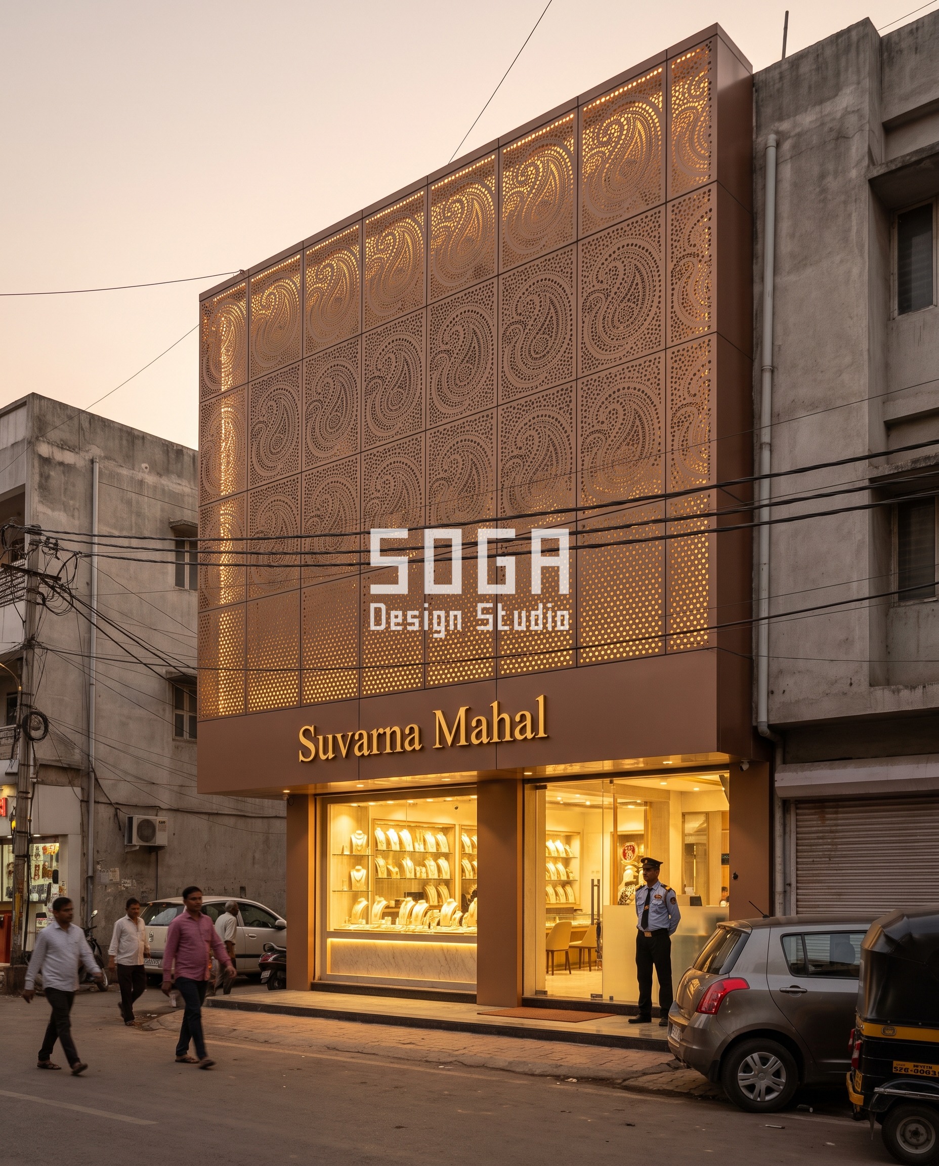 Jewellery Showroom Metal Facade Patterns: 8 SOGA Concepts 2 Perforated bronze paisley facade, Suvarna Mahal jewellery showroom, Surat