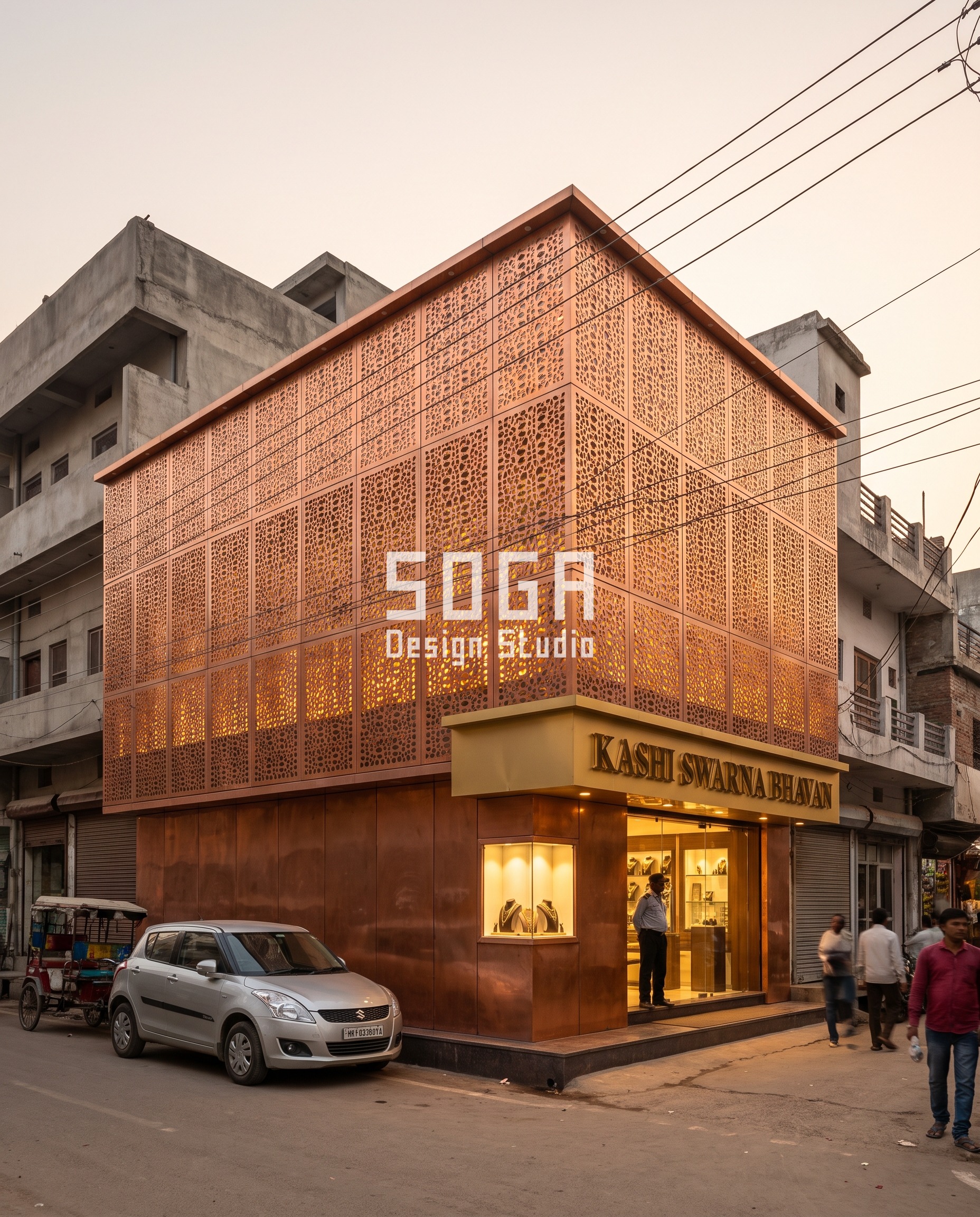 Jewellery Showroom Metal Facade Patterns: 8 SOGA Concepts 6 Perforated copper floral jaali facade, Kashi Swarna Bhavan jewellery showroom, Varanasi