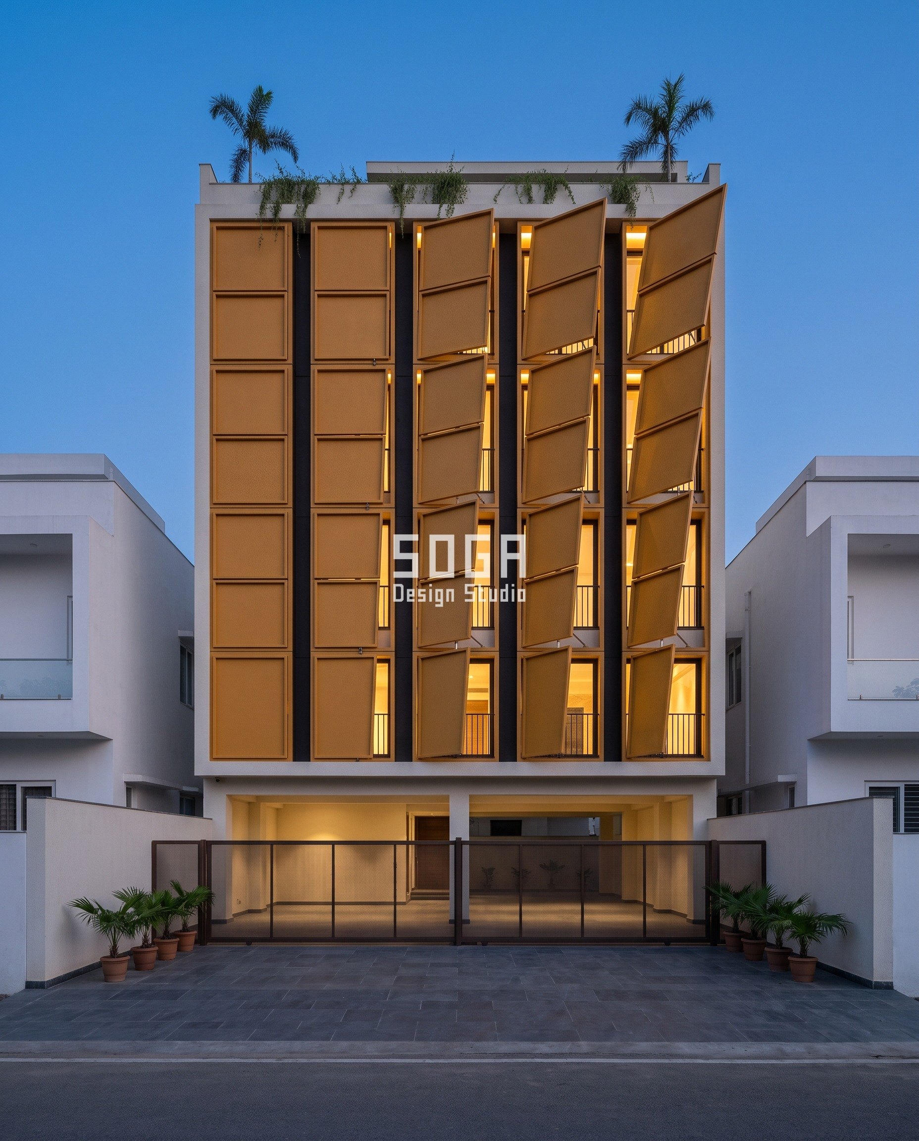 Vertical Fins vs Horizontal Louvers: One Blade, Two Axes 4 Horizontal-axis leaning tray sunshade for a deep-latitude south wall: SOGA Parametric Prop Panel cast aluminium rainscreen, panel lean 0 to 34 degrees, Sonipat