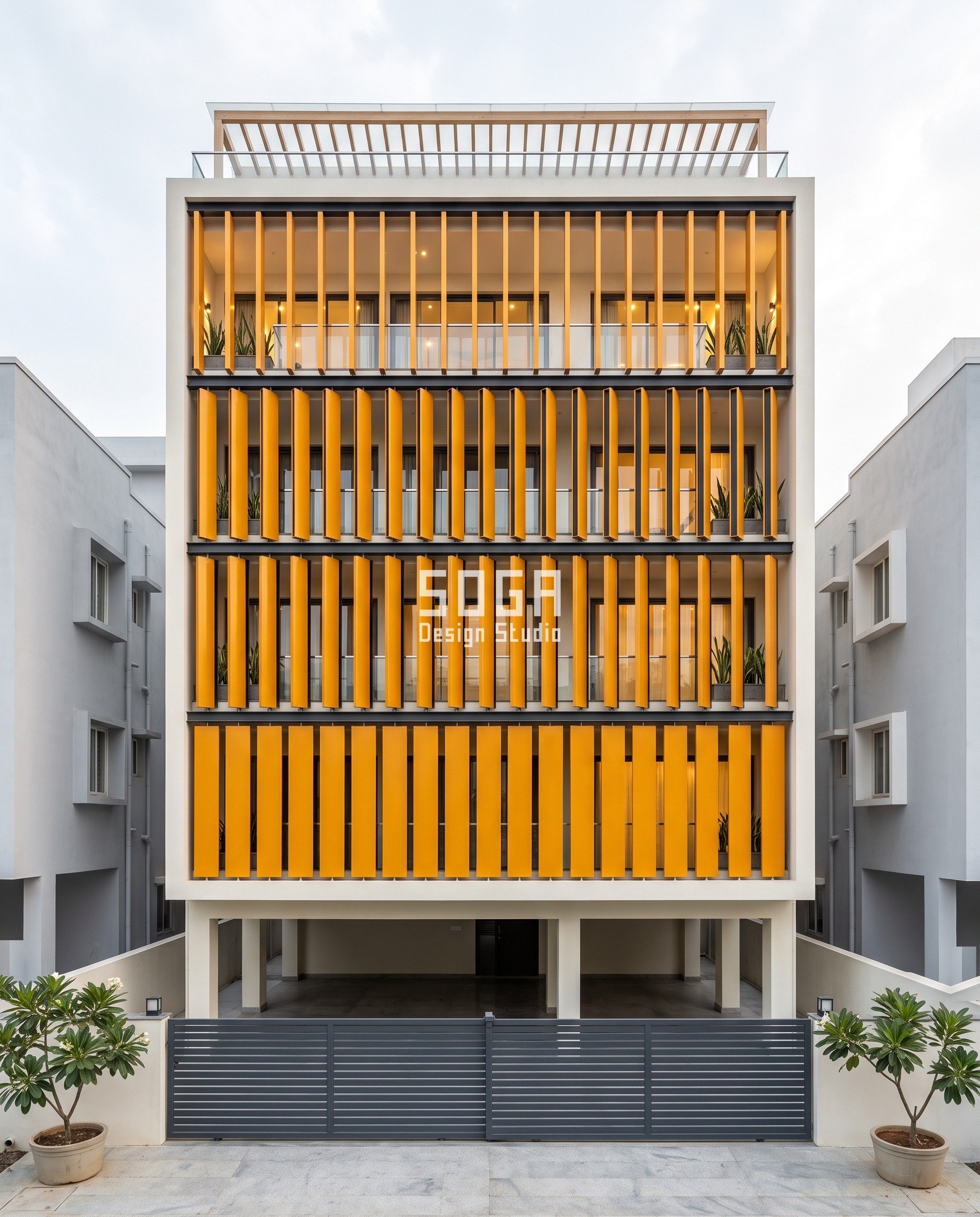Vertical Fins vs Horizontal Louvers: One Blade, Two Axes 2 Vertical fin facade alternative to horizontal louvers: SOGA Parametric Quarter Turn enamelled blade screen rotating 0 to 84 degrees on a G+3 house in Rajahmundry