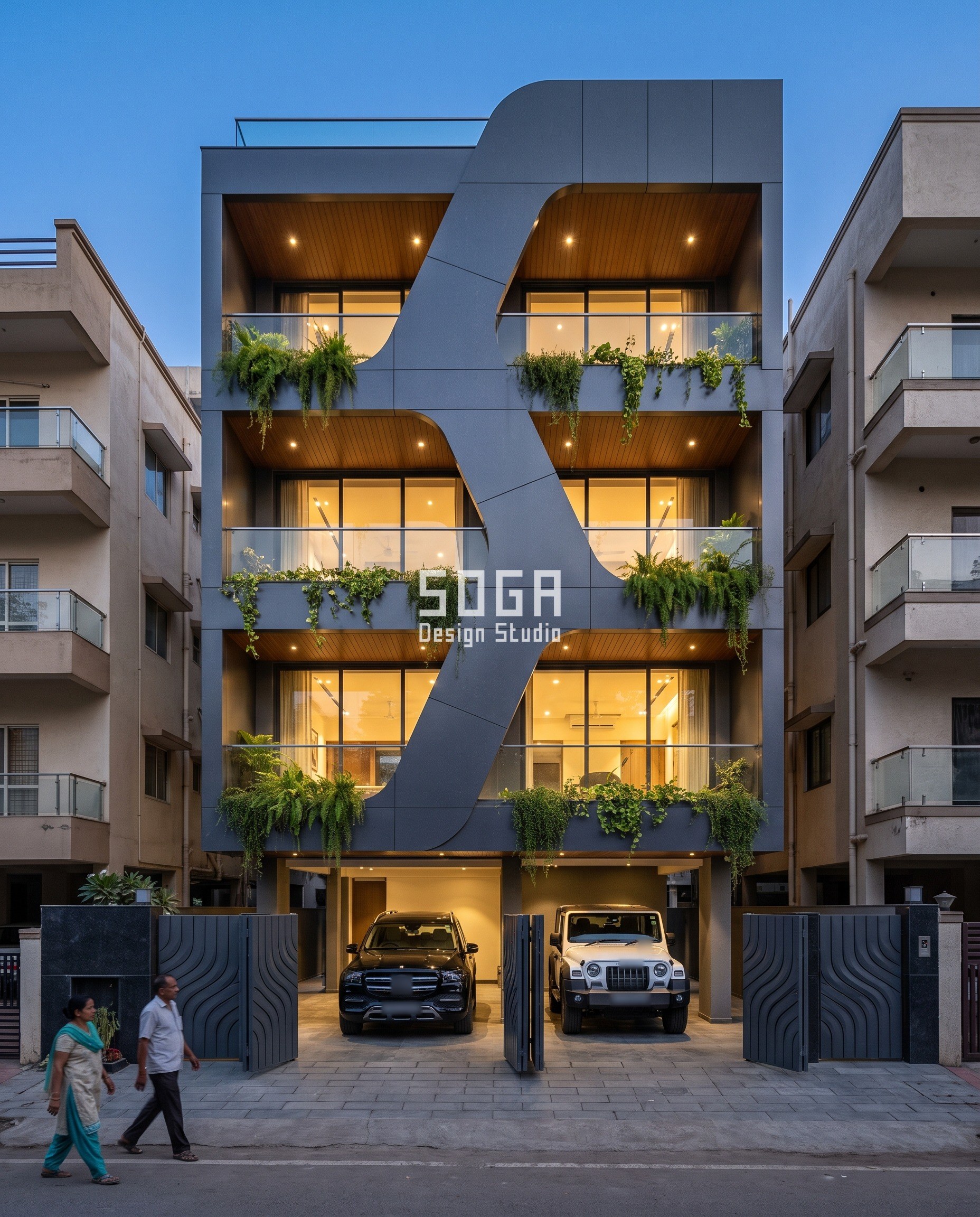 Indo Contemporary Elevation Design: Build for the Street 1 Indo contemporary elevation design in Surat: a graphite-grey band snakes up the centre of a G+3 builder floor, wrapping alternate halves of each floor so the balconies become deep planted C-shaped pockets, glowing warm at blue hour.