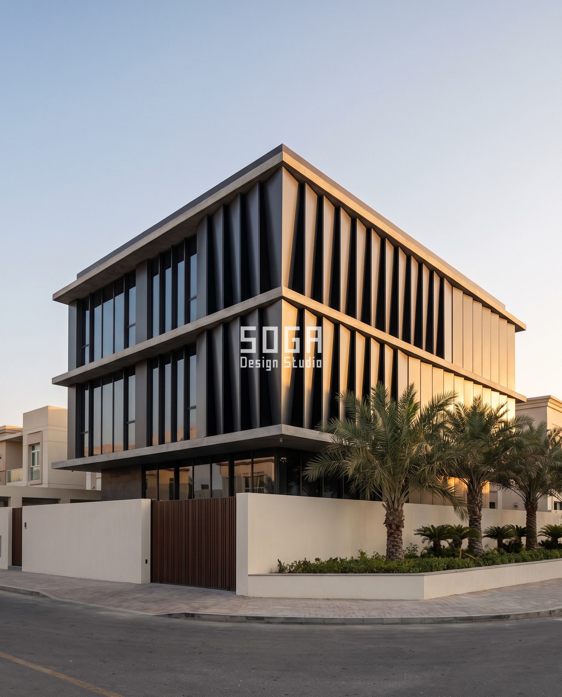 Parametric Peakload Crease villa facade in Al Barsha South Dubai - graphite folded metal plate cassettes with the crease angle opening 20 to 55 degrees toward the north-west end of the south-west frontage