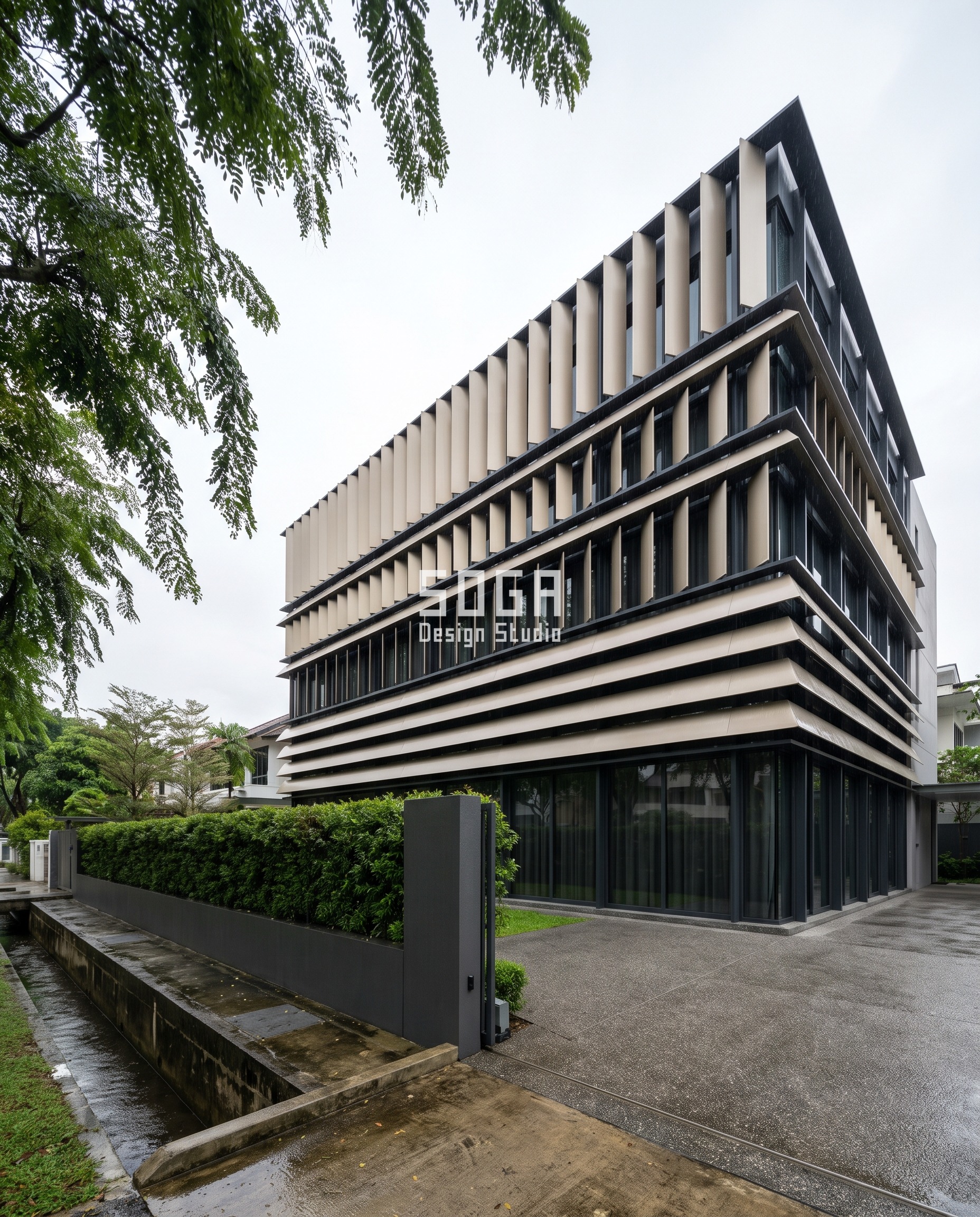 Parametric Multiplier Vane landed house facade in Serangoon Gardens Singapore - champagne anodised aerofoil louvre bank tilting 0 to 60 degrees across the south glazing