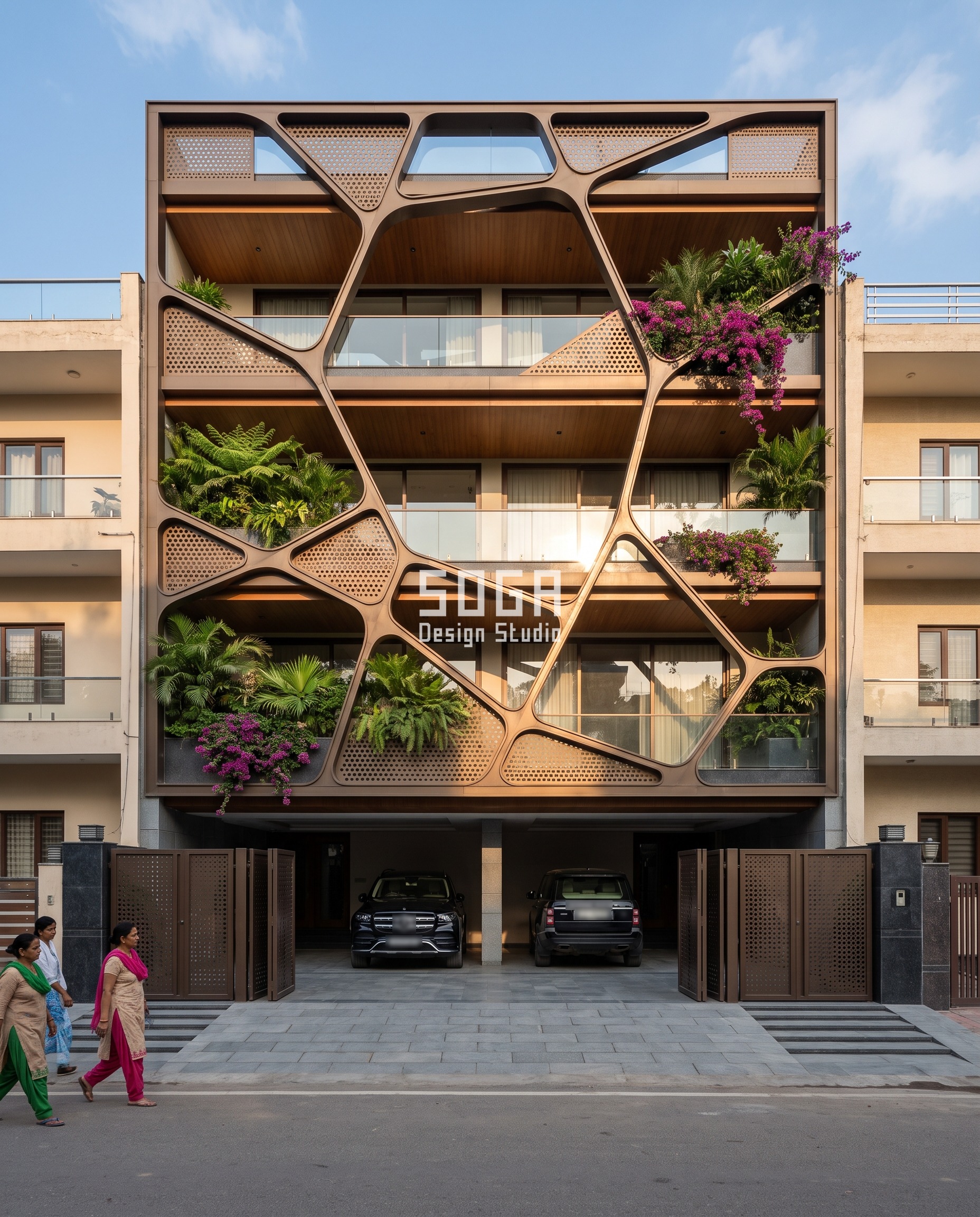 Kothi Elevation Design 2026: India, Dubai, Singapore, UAE 1 Chandigarh kothi front elevation: dark bronze carved organic frame with irregular openings over glass balconies, bougainvillea and a bronze gate