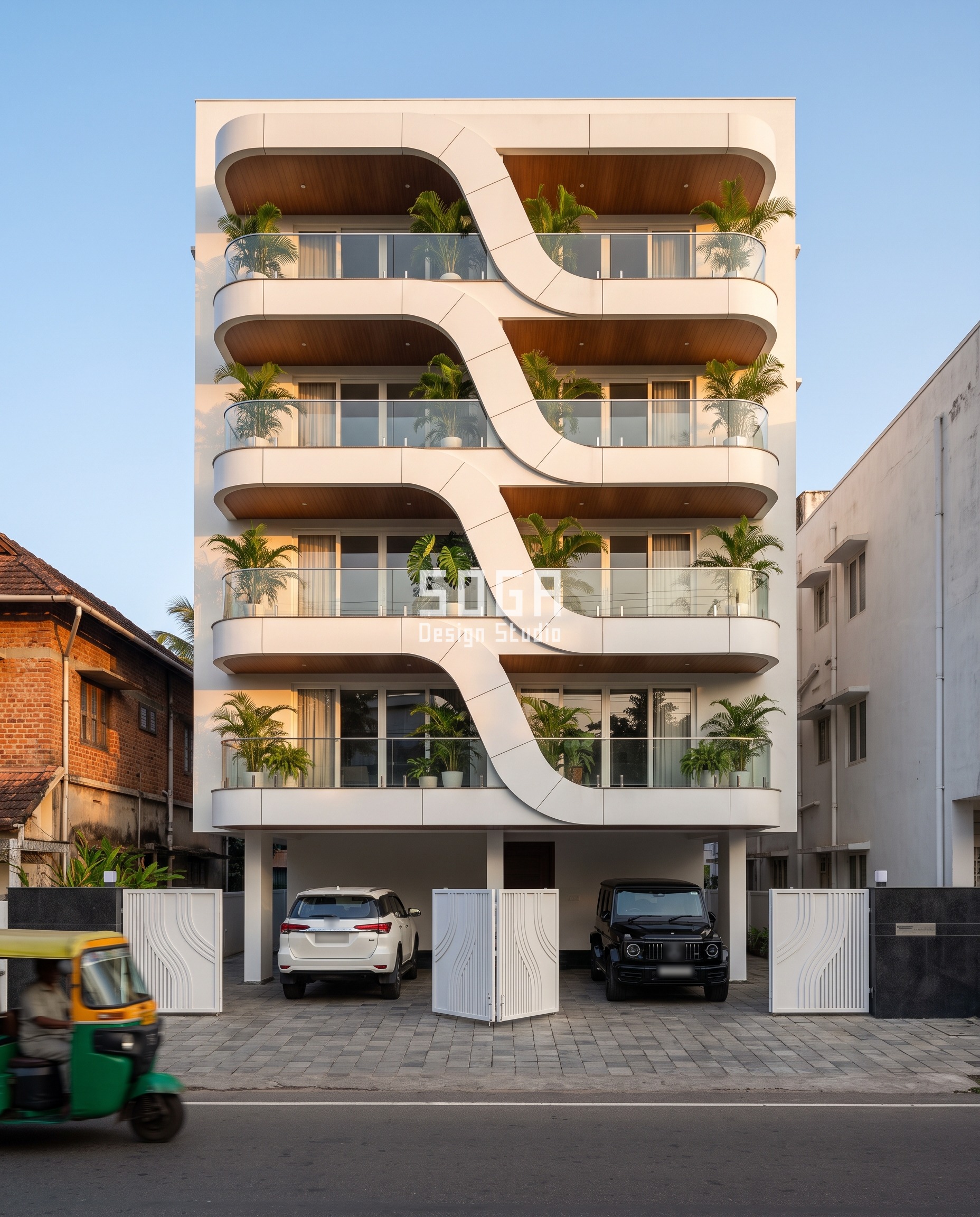 Kothi Elevation Design 2026: India, Dubai, Singapore, UAE 2 Kochi kothi elevation design: G+4 residence with a white GFRC S-ribbon sweeping down through wood-soffit balcony slabs over stilt parking