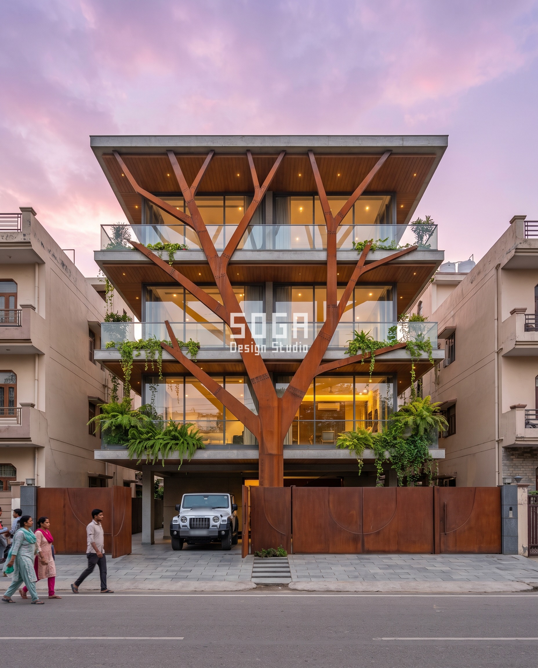 Kothi Elevation Design 2026: India, Dubai, Singapore, UAE 4 Lucknow kothi design: Corten steel tree column branching up through three glass floors to the roof canopy at pink dusk