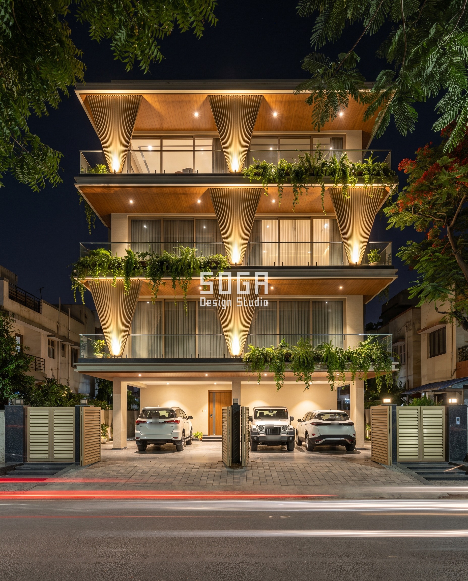 Kothi Elevation Design 2026: India, Dubai, Singapore, UAE 3 Surat kothi elevation at night: ribbed champagne metal drapes hanging between lit wood soffits on a G+3 house with trailing planters