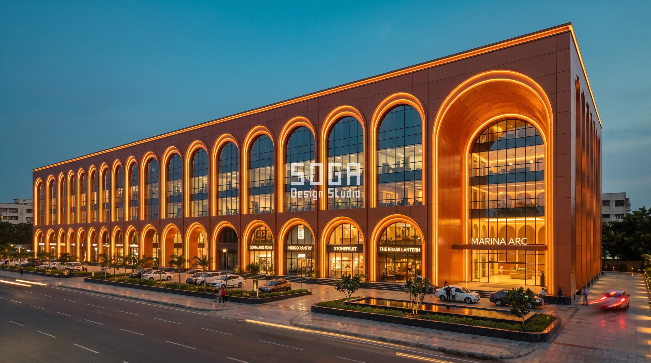 Retail Podium Facade Design: Footfall Sets The Geometry 1 Retail podium facade in Chennai with arched openings widening from 2.5 m to 7 m towards the main entrance - SOGA Design Studio