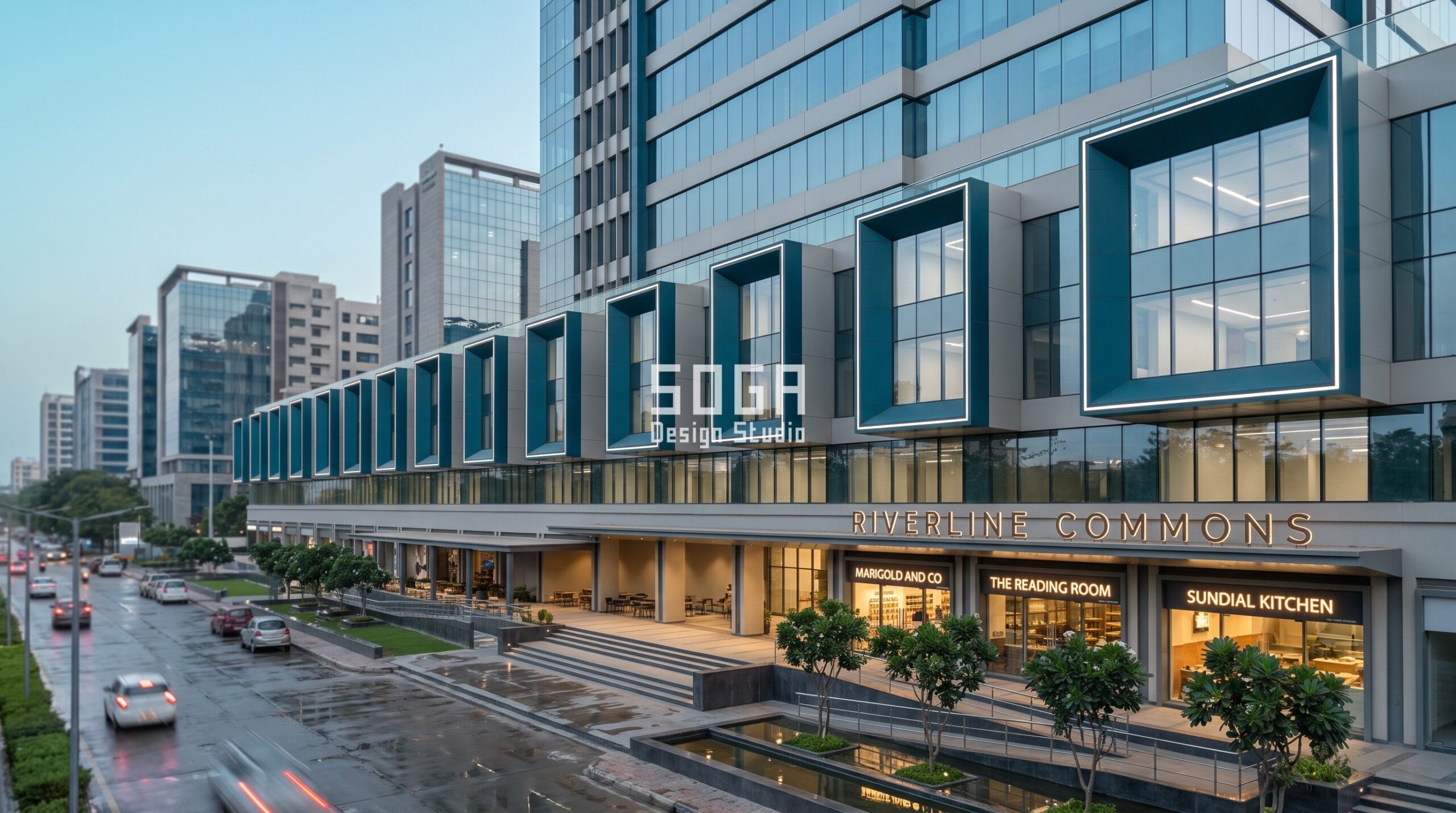 Retail Podium Facade Design: Footfall Sets The Geometry 4 Ahmedabad mixed-use podium with projecting window boxes deepening from 200 mm to 2000 mm across the west frontage - SOGA Design Studio