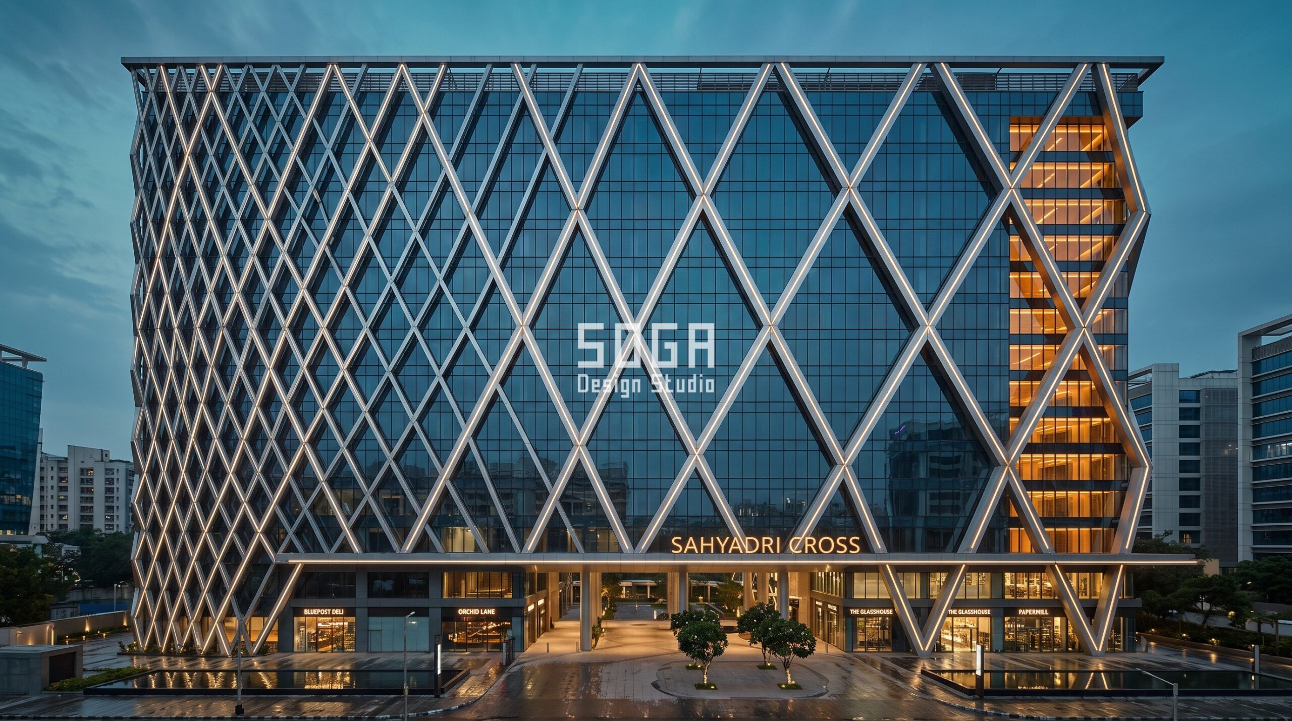 Retail Podium Facade Design: Footfall Sets The Geometry 2 Mumbai retail podium and office block with a diagonal brace net opening from 2.4 m to 8 m towards the arrival corner - SOGA Design Studio