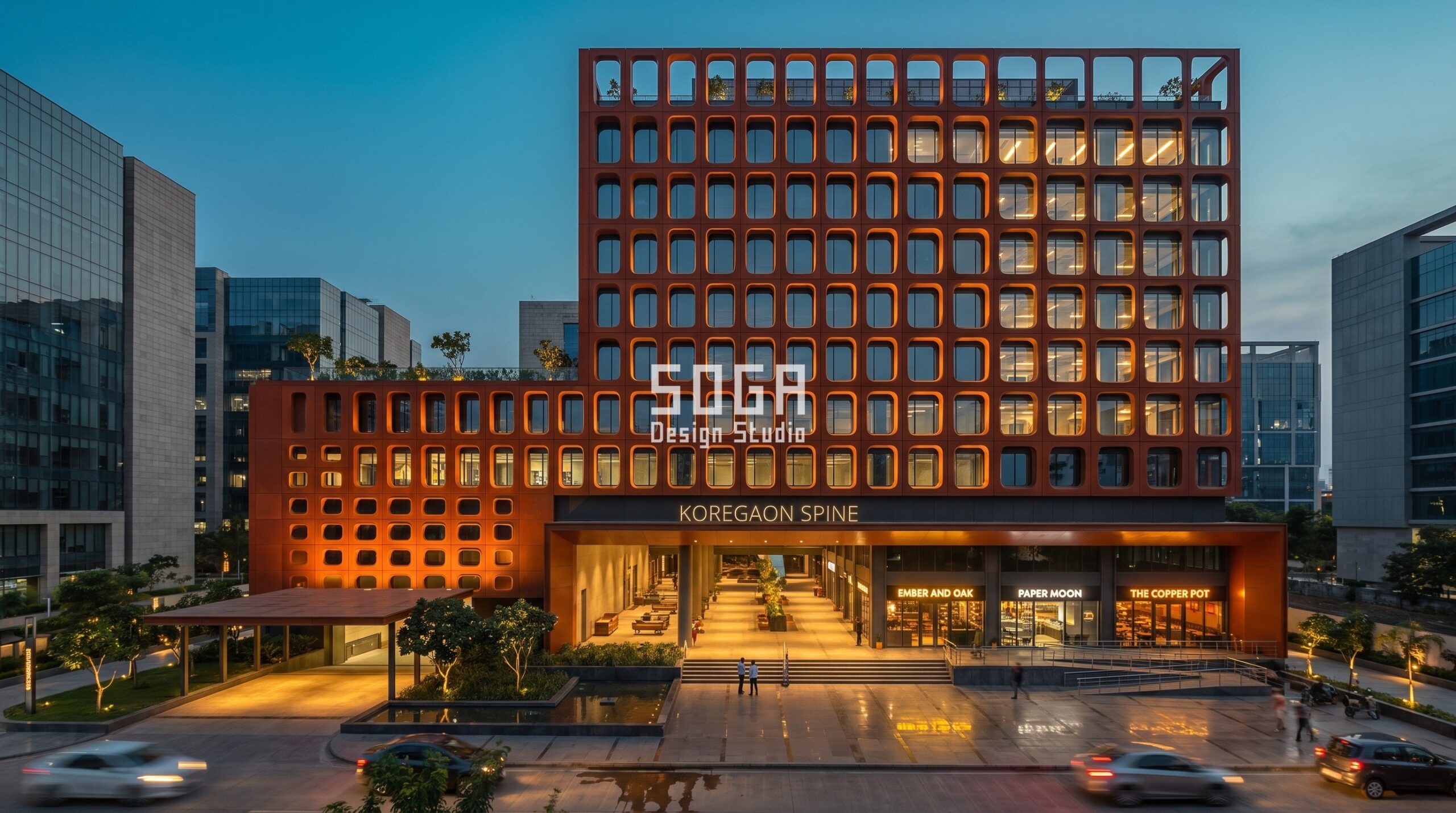 Retail Podium Facade Design: Footfall Sets The Geometry 3 Pune retail podium facade whose punched openings grow from 1.2 m to 3 m as the screen rises above the entrance - SOGA Design Studio