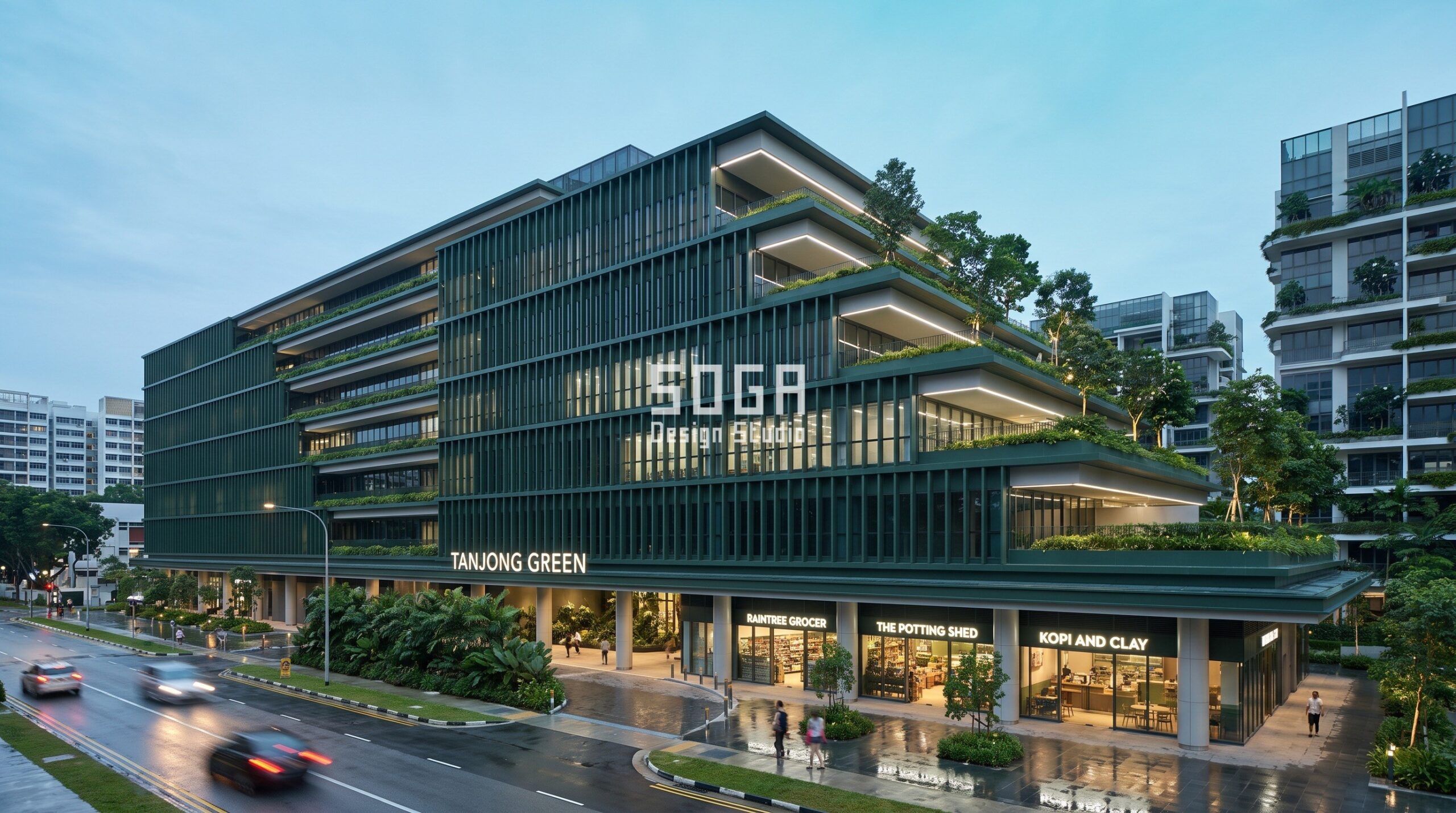 Retail Podium Facade Design: Footfall Sets The Geometry 5 Singapore retail podium stepping back from 1.5 m to 7.5 m into planted terraces above the arrival plaza - SOGA Design Studio