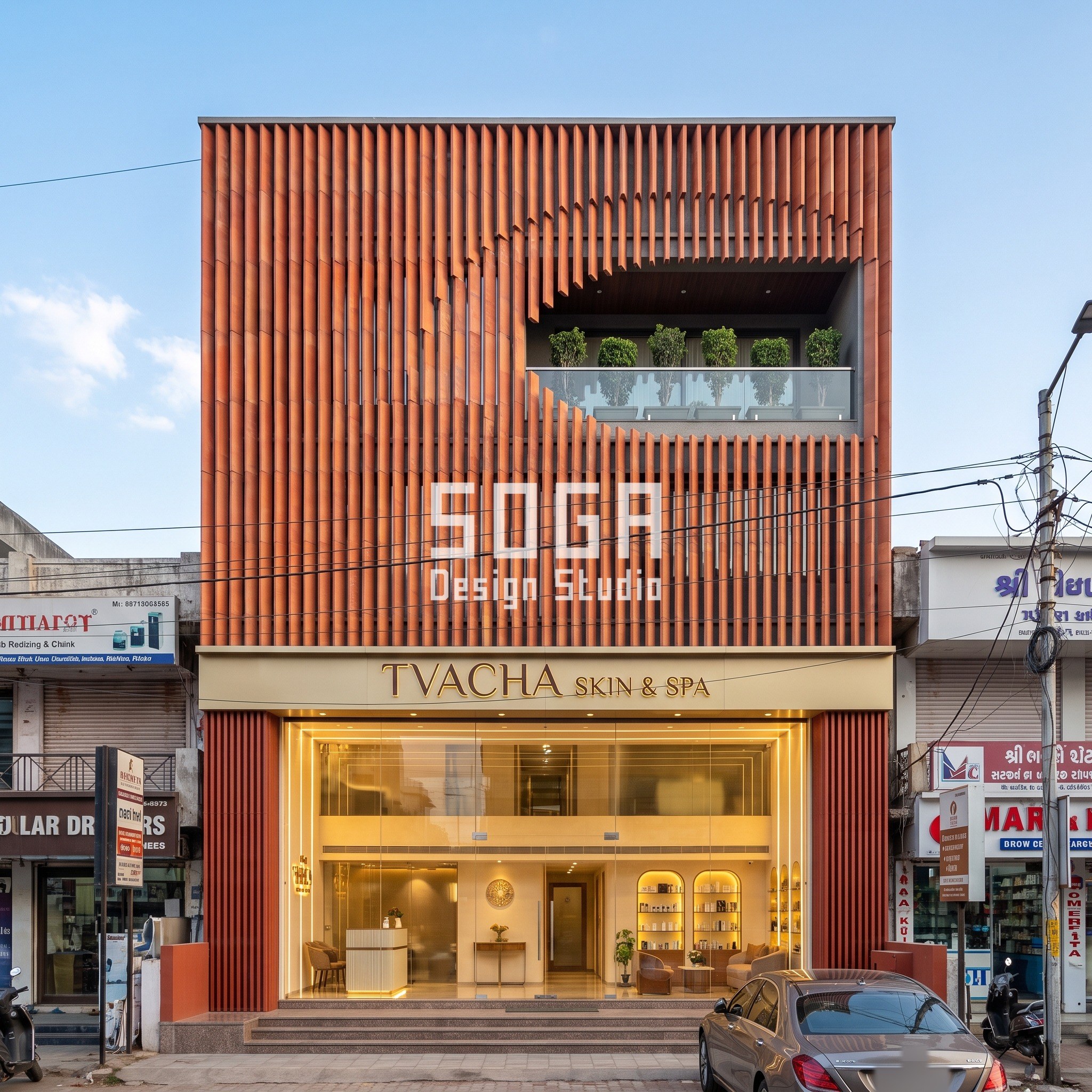 Salon & Beauty Studio Facade Design India (2026) 5 Tvacha Skin & Spa facade, Ahmedabad - attractor-driven terracotta louver spa design by SOGA Design Studio