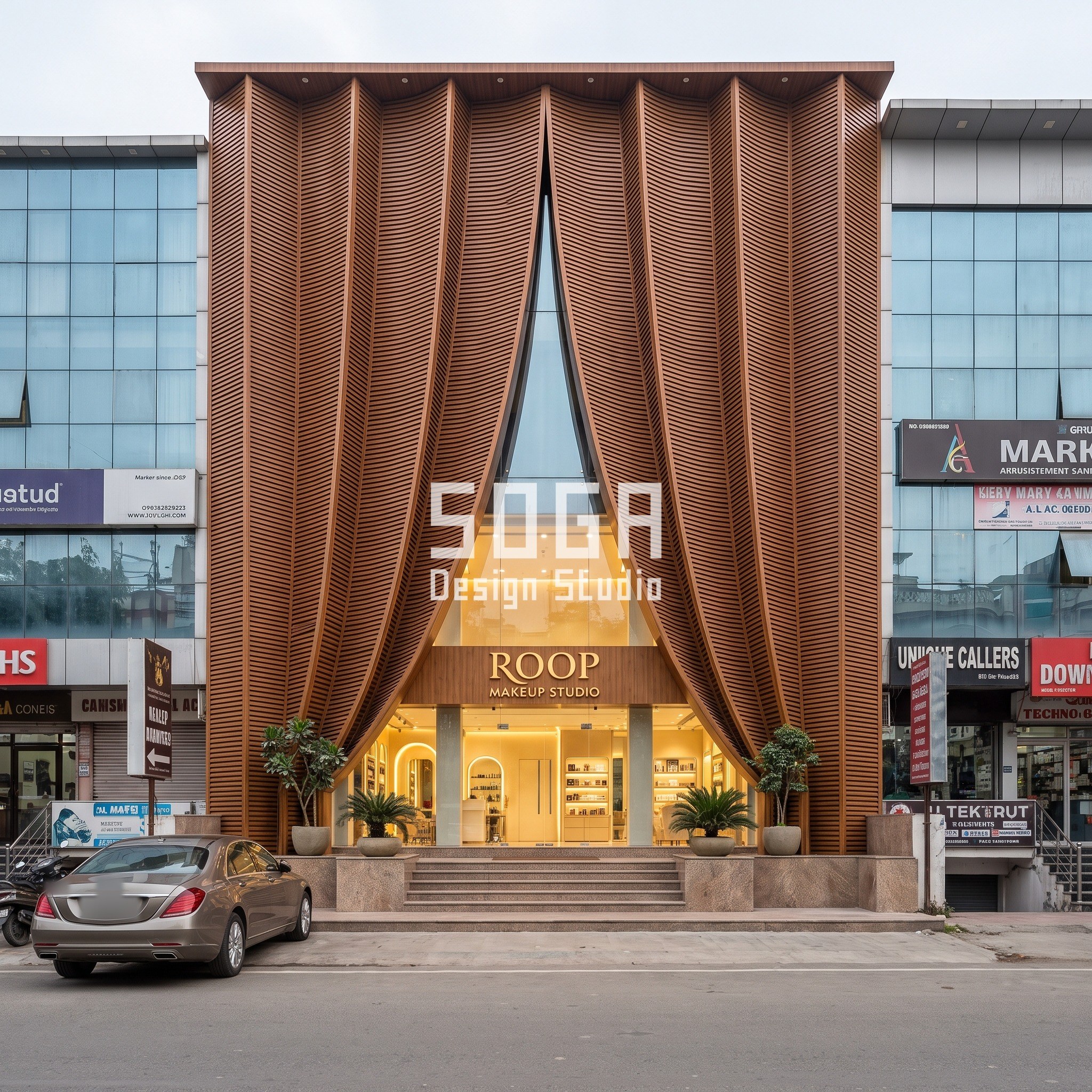 Salon & Beauty Studio Facade Design India (2026) 4 Roop Makeup Studio facade, Lucknow - parting curtain drape makeup studio design by SOGA Design Studio