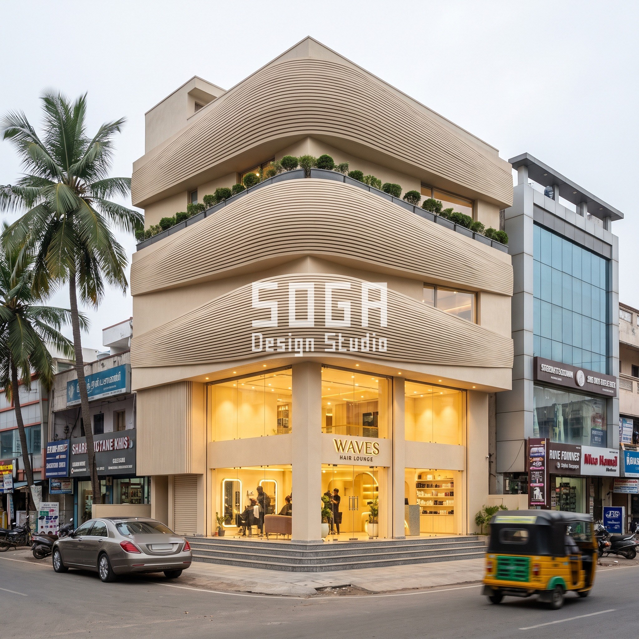 Waves Hair Lounge facade, Chennai - undulating ribbon fascia hair salon design by SOGA Design Studio