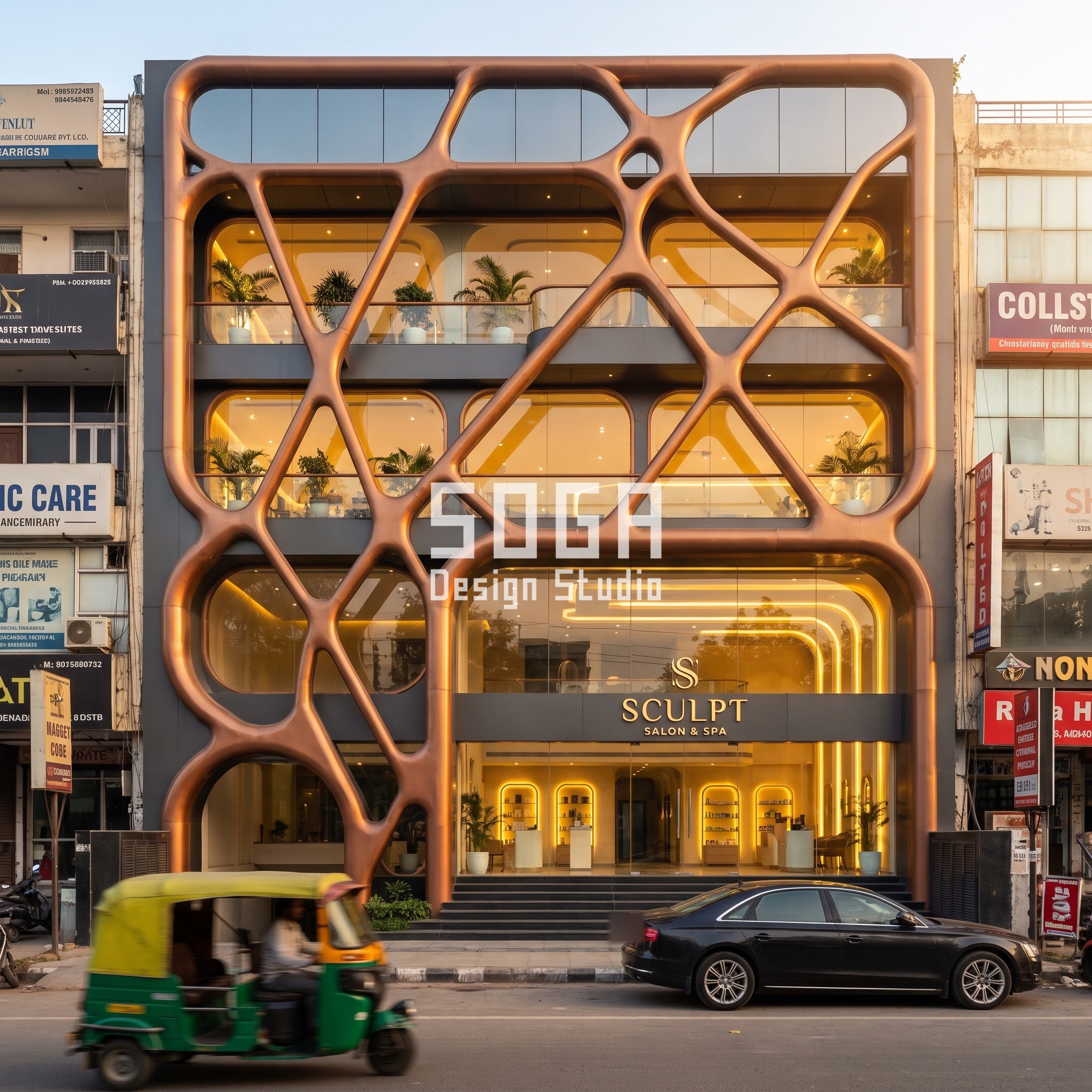 Salon & Beauty Studio Facade Design India (2026) 3 Sculpt Salon & Spa facade, Noida - organic Voronoi frame unisex salon design by SOGA Design Studio