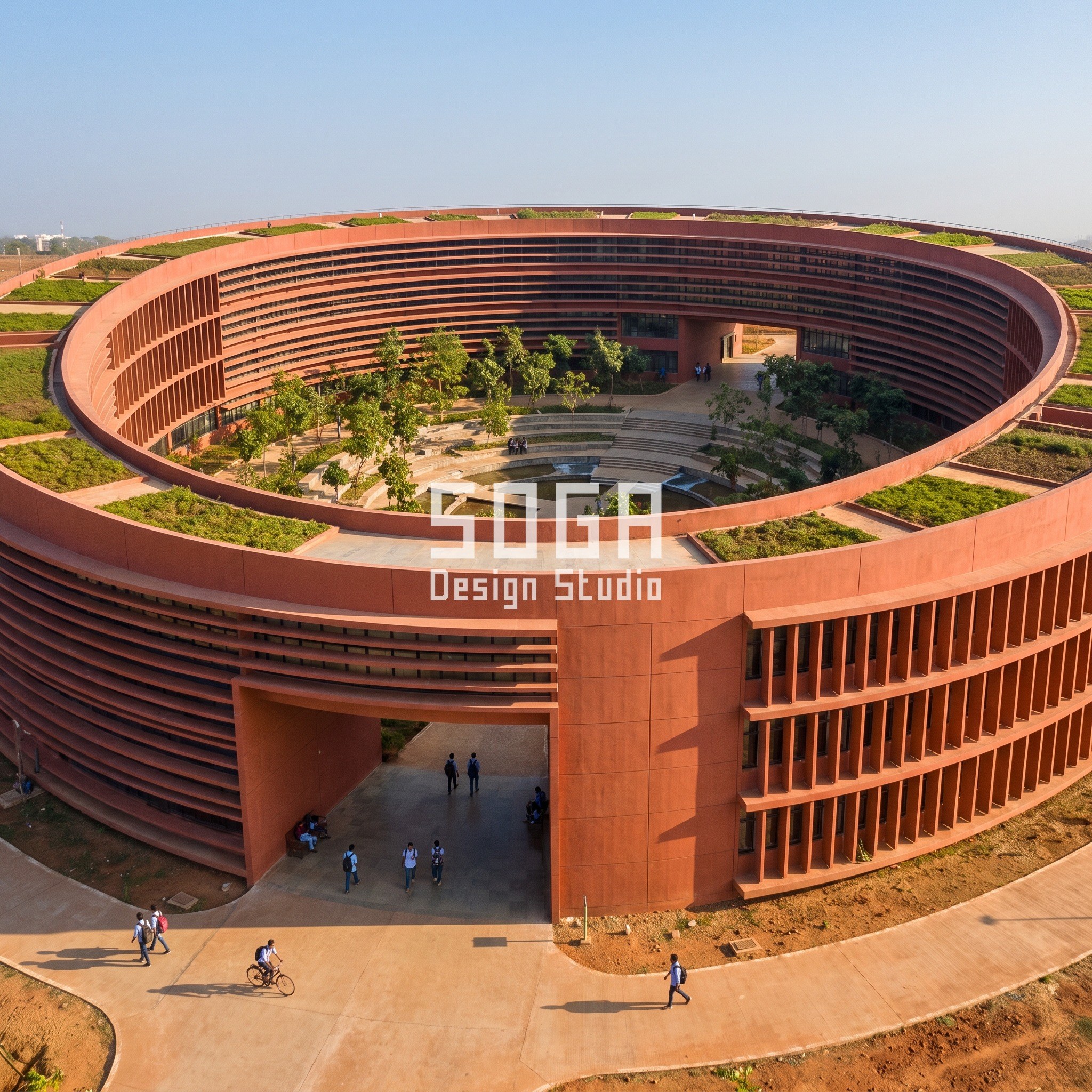 Sustainable School Facade Design India: Rule-Built Campuses 4 Ring-shaped institute Bhubaneswar in laterite-red GFRC with graded fins and a lifted corner - SOGA concept