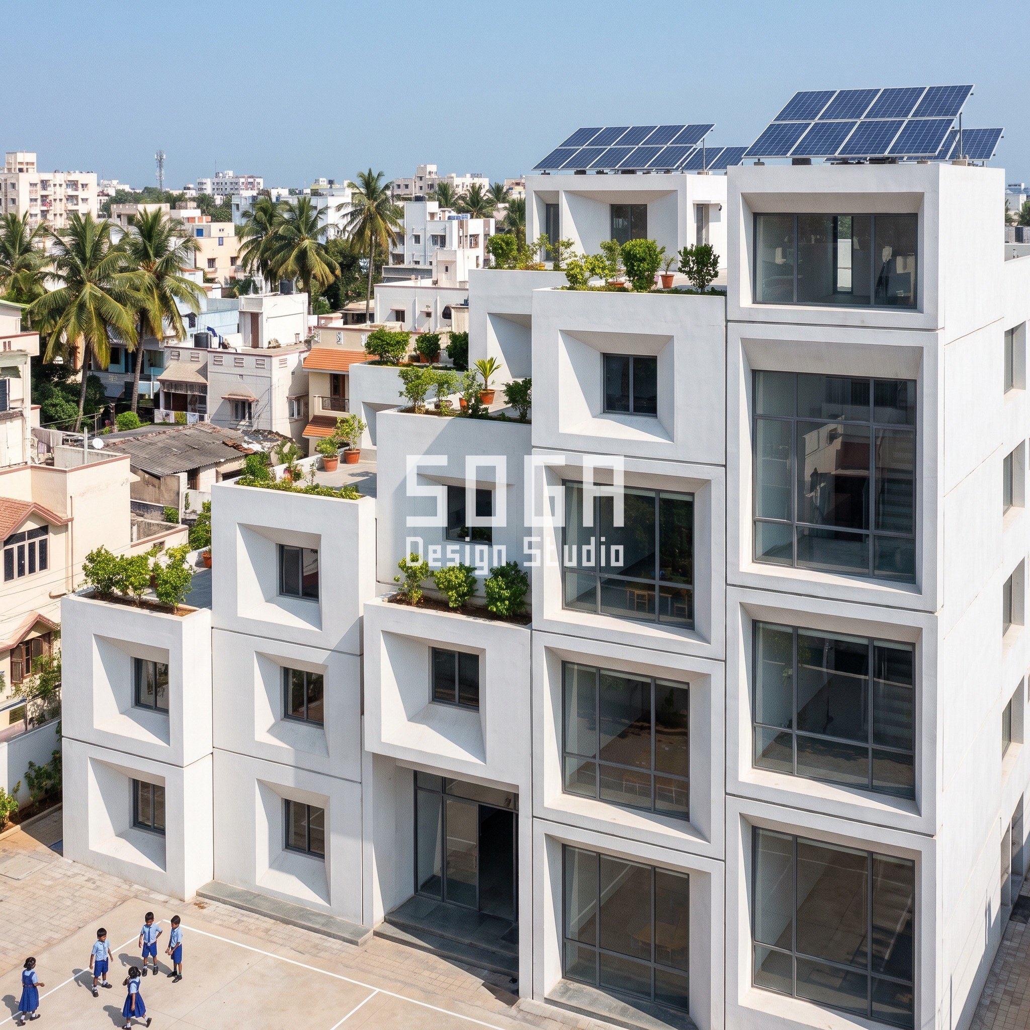 Sustainable School Facade Design India: Rule-Built Campuses 3 School in Chennai built as a pixel stack of white precast boxes with roof terraces and solar panels - SOGA concept