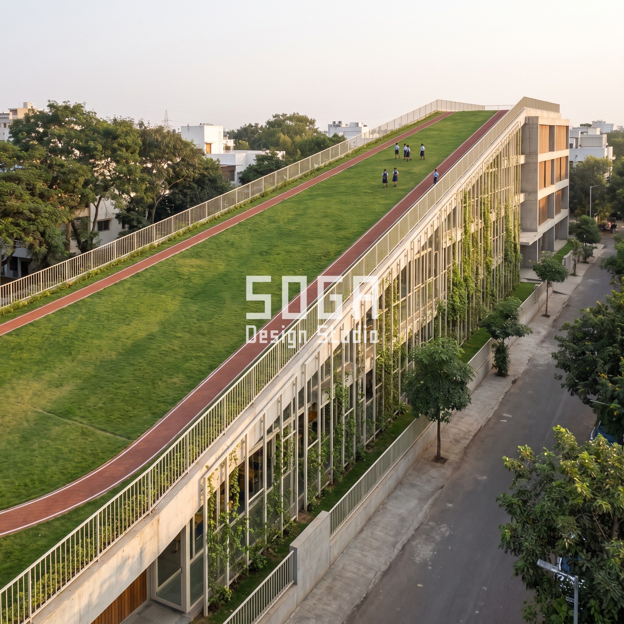 Sustainable School Facade Design India: Rule-Built Campuses 6 Sustainable school facade Pune with a 1 in 8 walkable lawn roof ramp and graded green trellis - SOGA concept