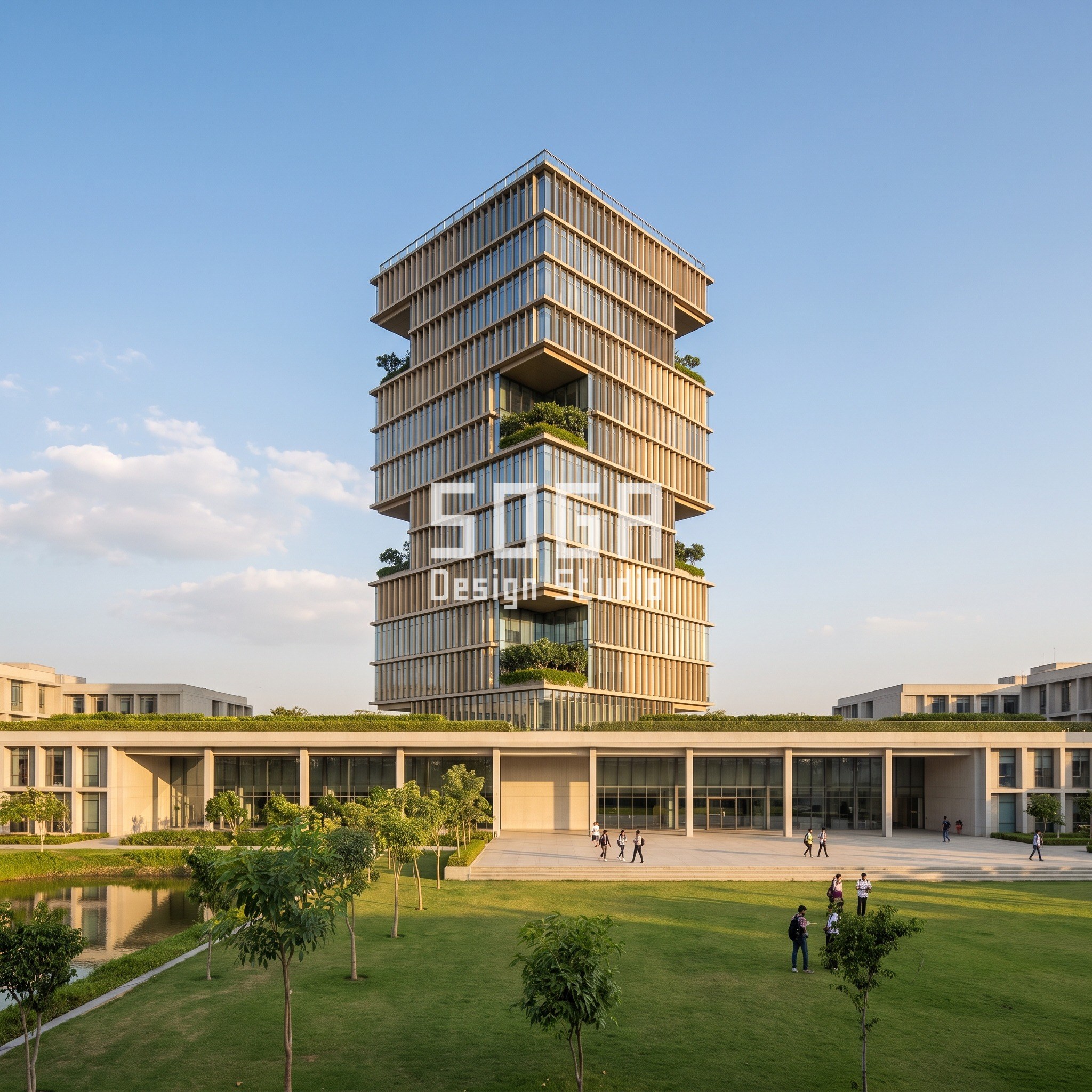 Sustainable School Facade Design India: Rule-Built Campuses 2 Institute tower Gurugram twisting 3 degrees per floor with rotating louvers and sky terraces - SOGA concept