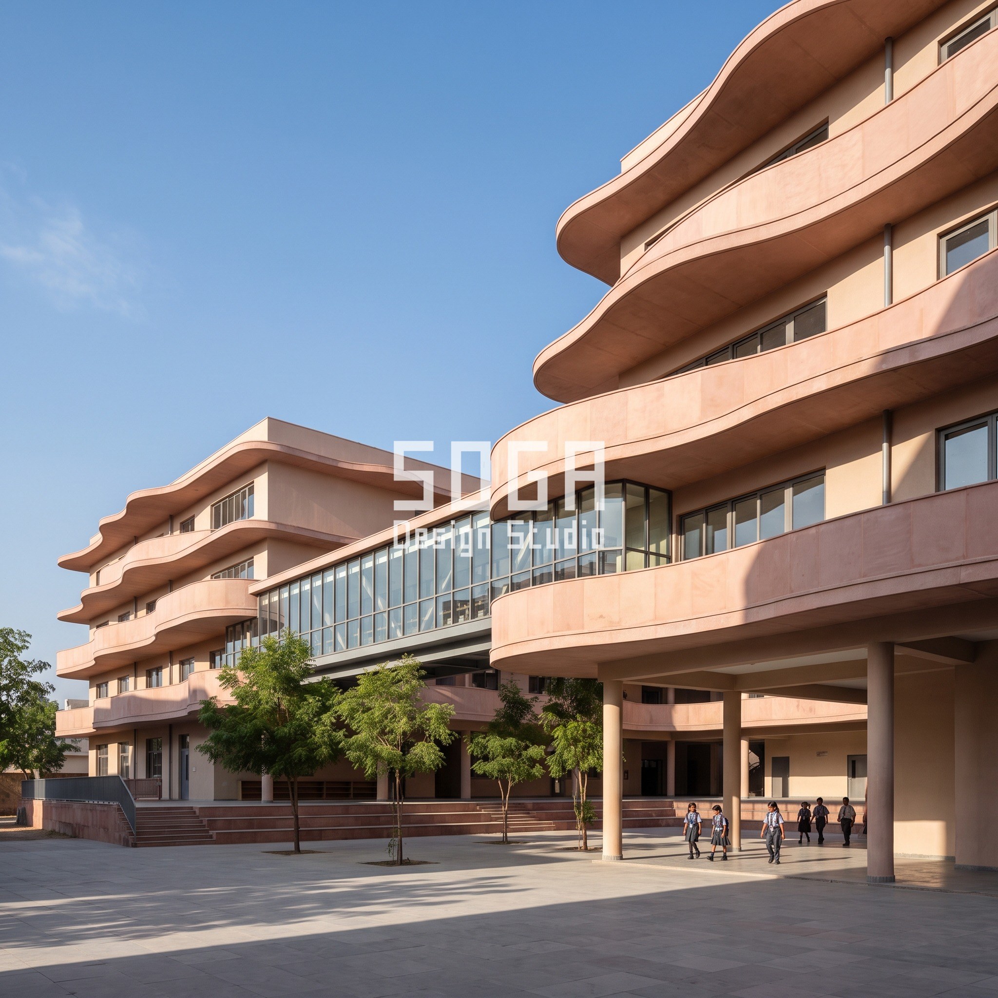 Sustainable School Facade Design India: Rule-Built Campuses 5 School in Jaipur with pink sandstone wave slab edges and a glazed sky-bridge over a shaded plaza - SOGA concept