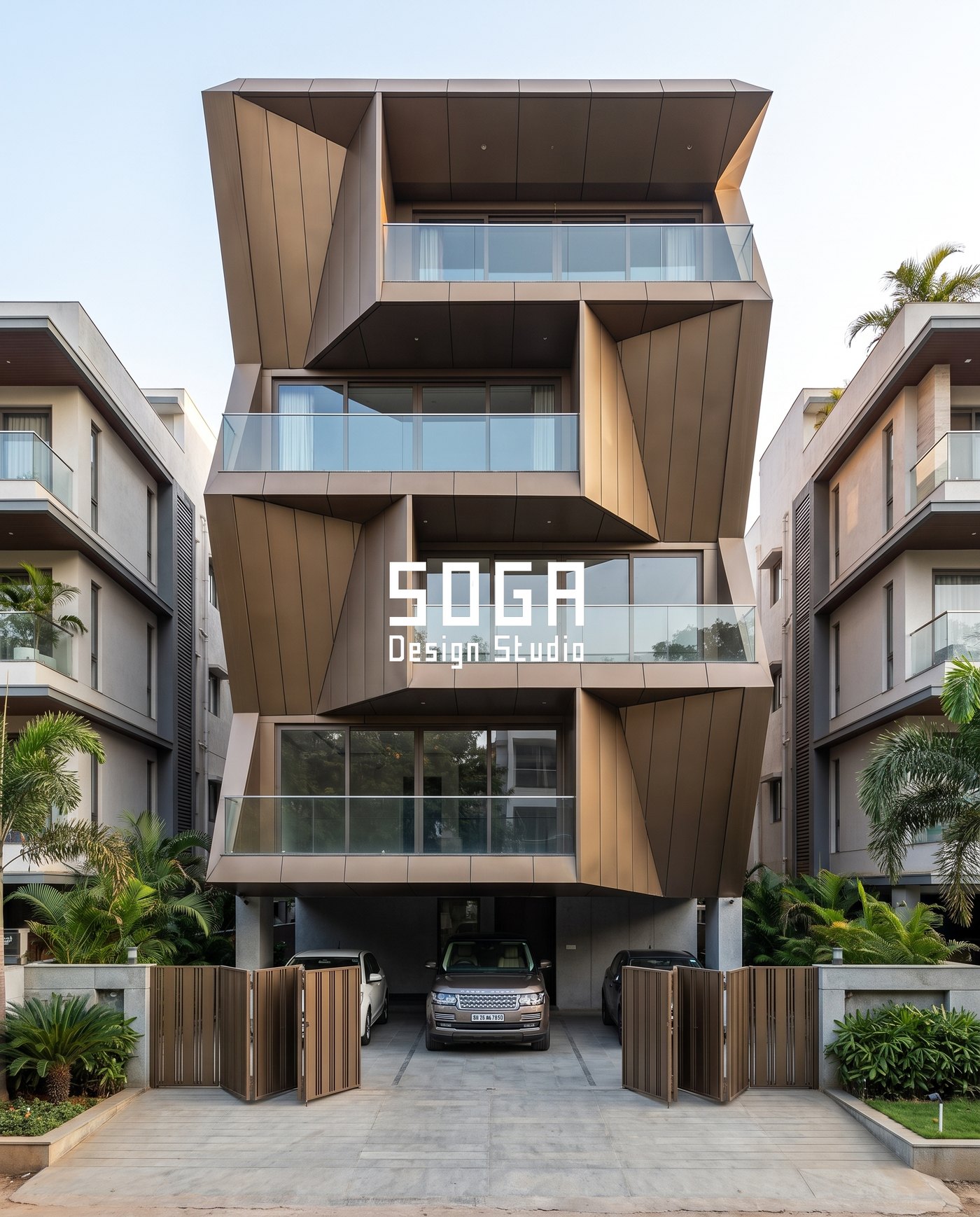 Bronze folded plate facade where each floor is cut on a shifted alignment to shade the balcony behind
