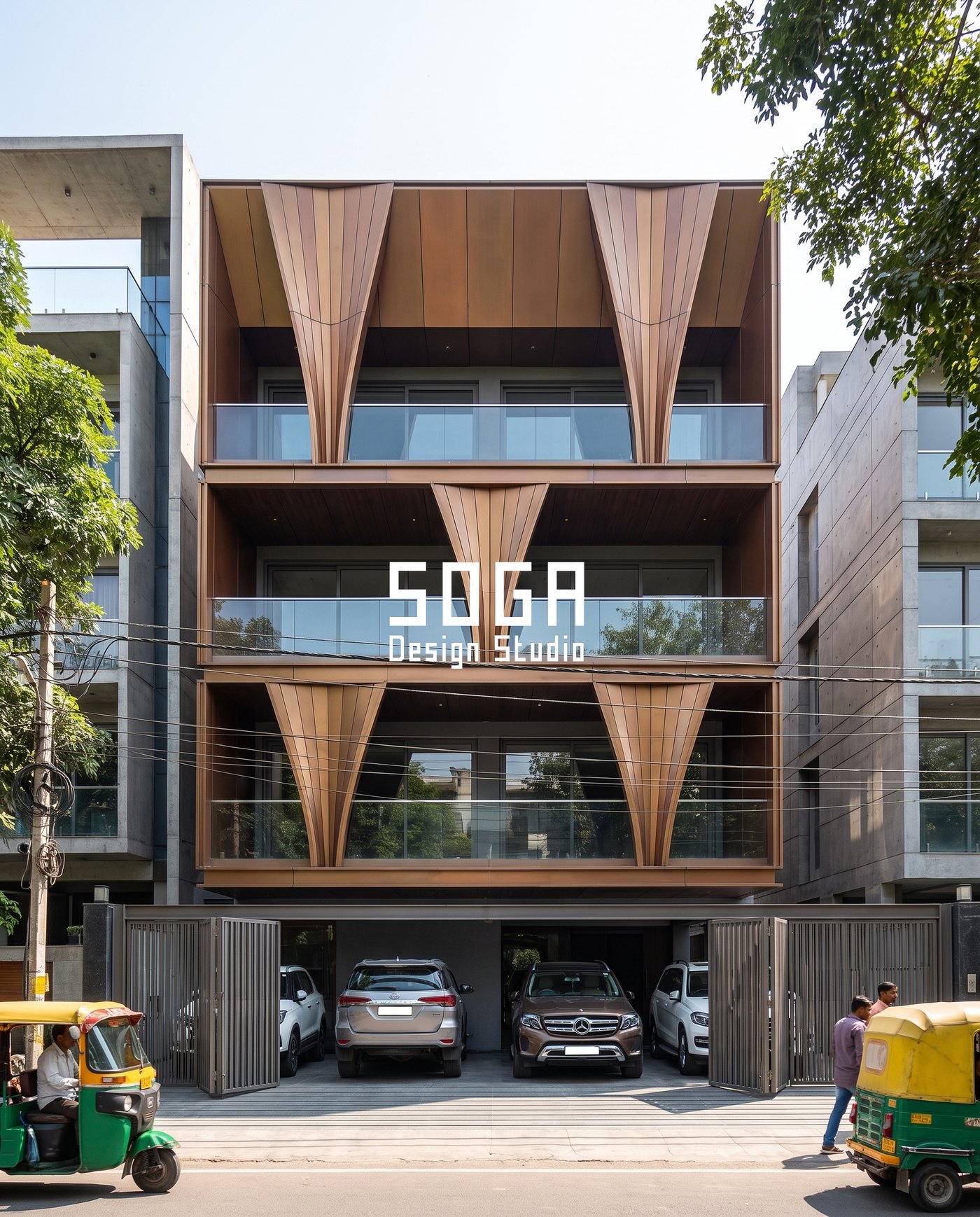 Copper funnel fins tapering from a wide top to a narrow base across three floors of an Indian street facade