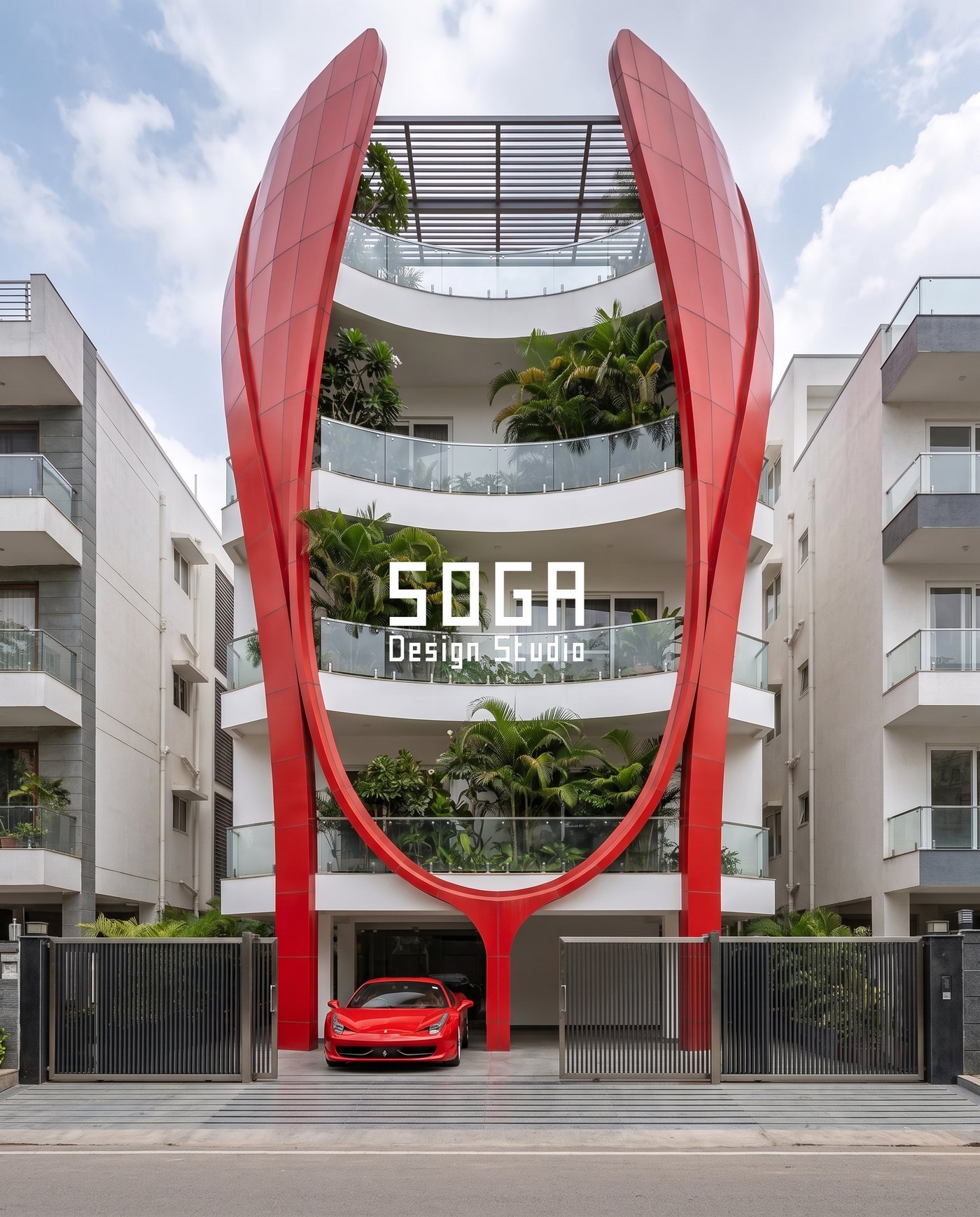 Sculptural facade design in red: twin curved petal fins framing the driveway of a G+3 Indian house