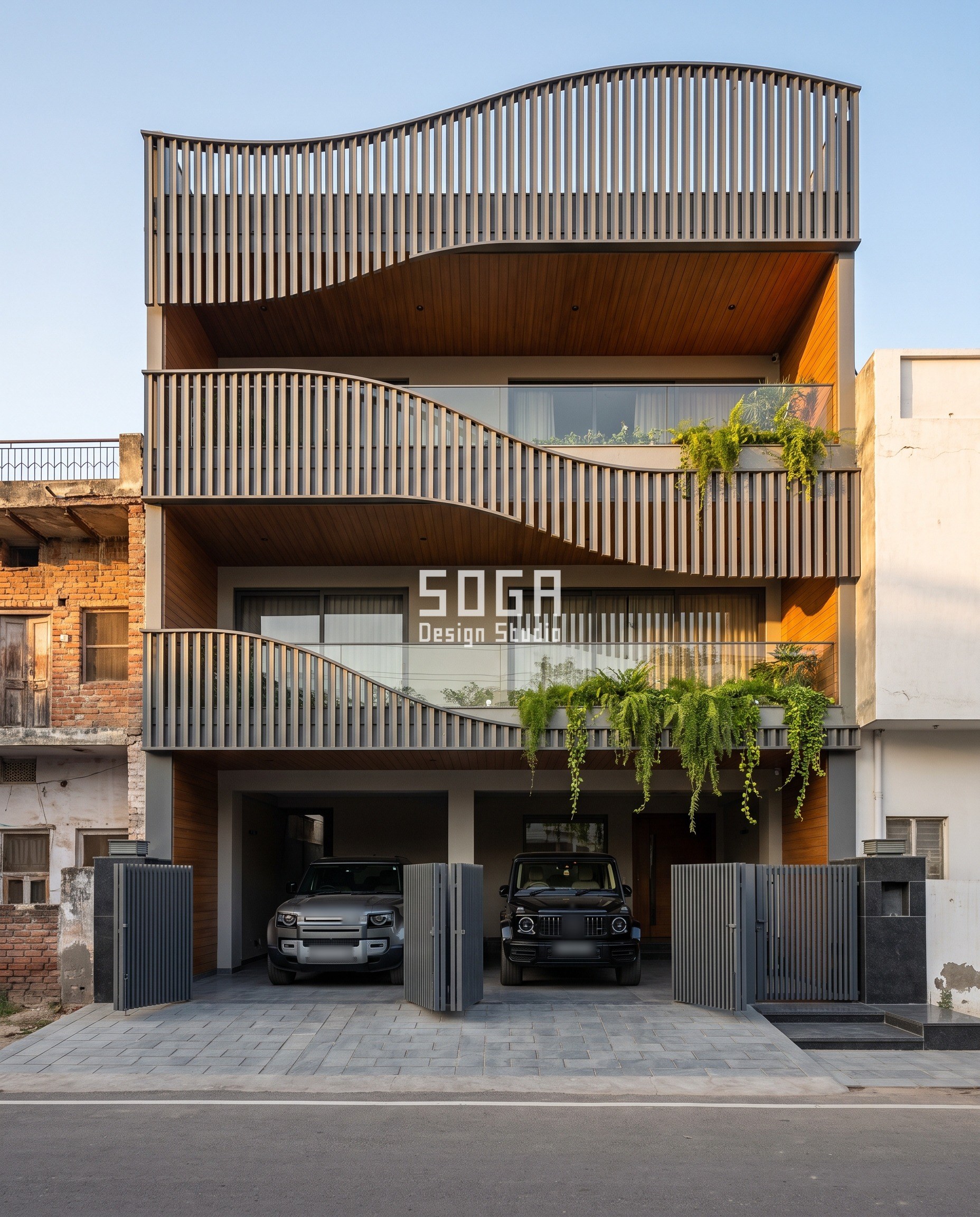 Unique House Elevation Design: Keep the Slat, Move the Line 5 Jaipur house elevation in graphite-grey louvers: an undulating crest rises above the parapet and its wave repeats down each balcony fascia, flattening floor by floor toward the stilt parking and bi-fold gates.