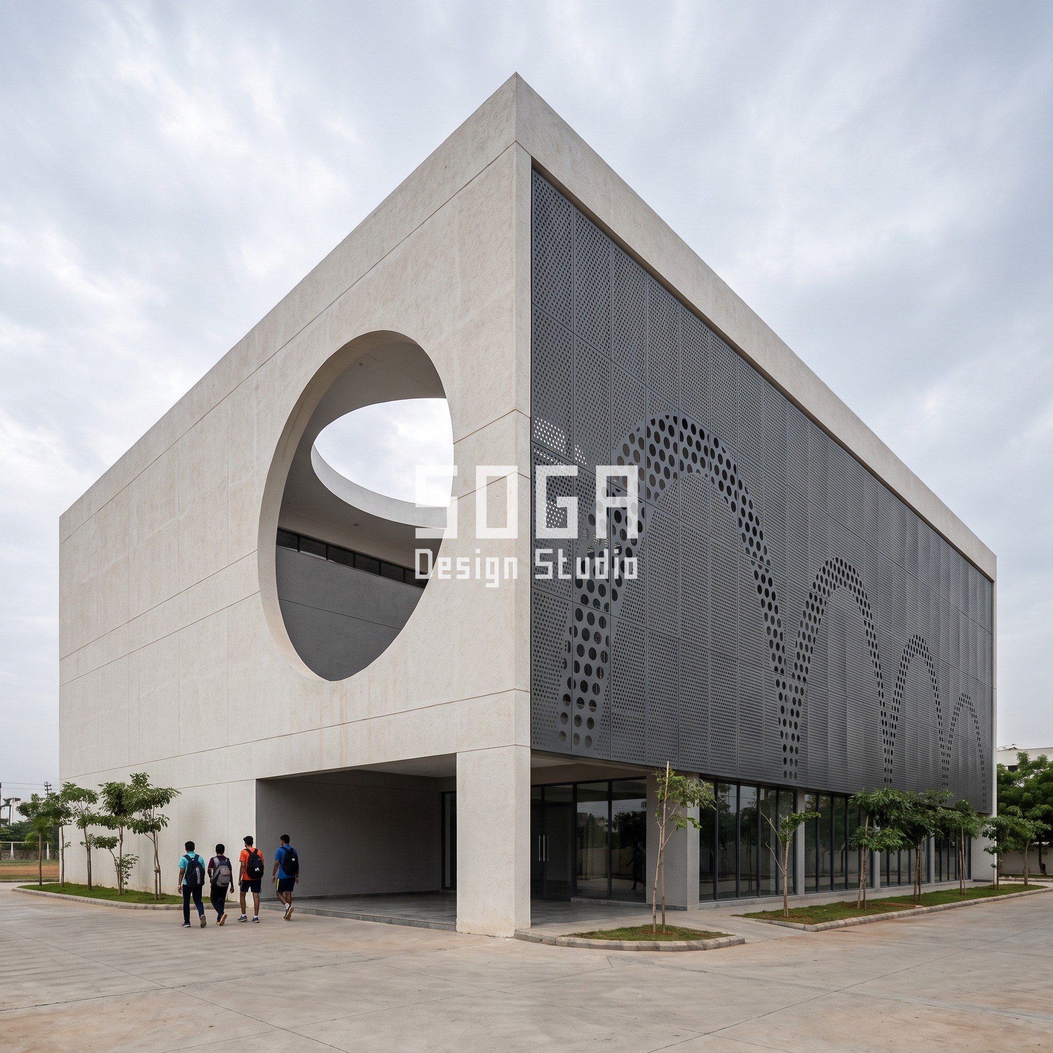 Sports Centre Facade Design India: Five Parametric Concepts 4 Basketball academy facade Hyderabad with a circular hoop void and decaying bounce-arc perforation - SOGA concept