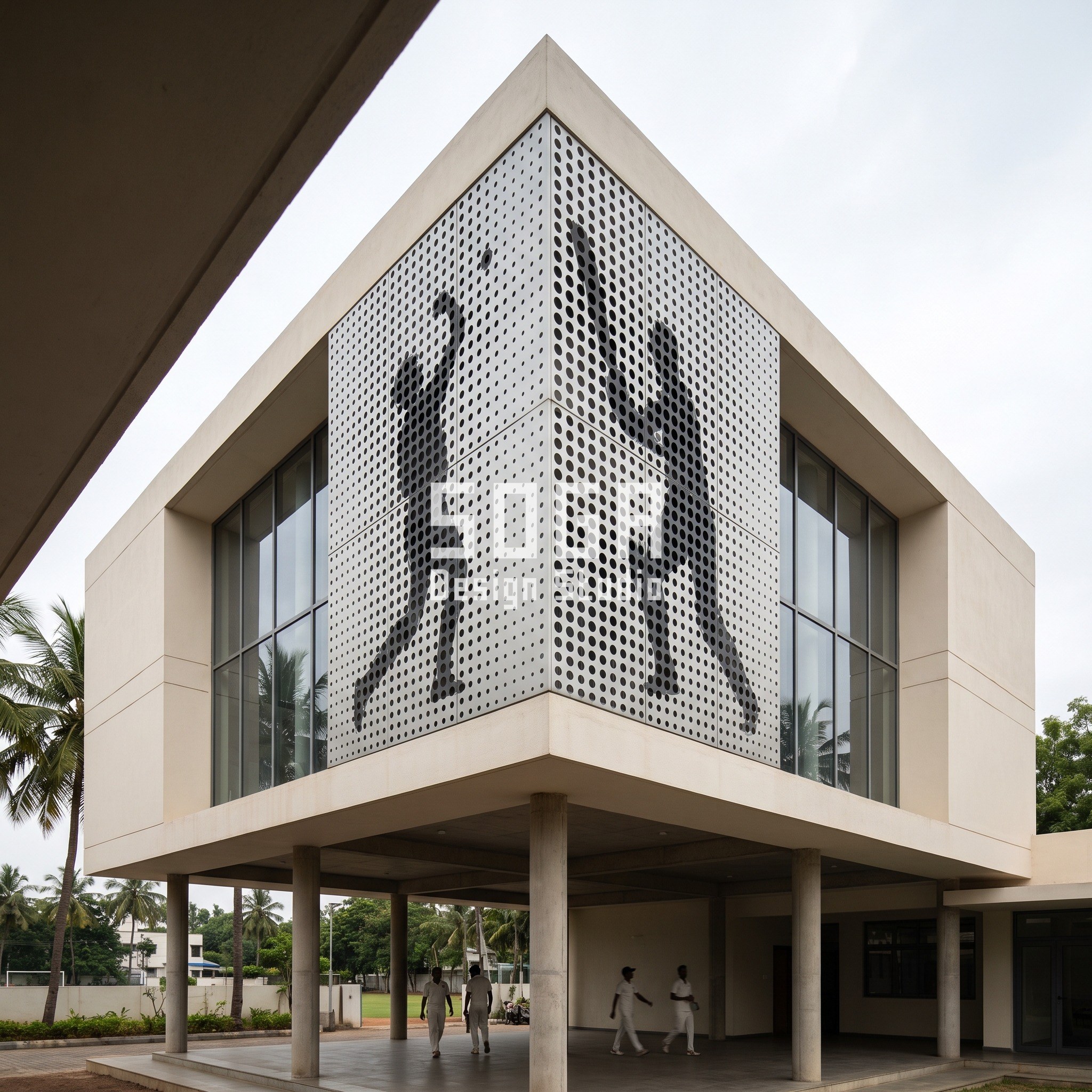 Sports Centre Facade Design India: Five Parametric Concepts 5 Cricket academy facade Chennai with a bowler and batsman portrait in perforation on a lifted corner - SOGA concept