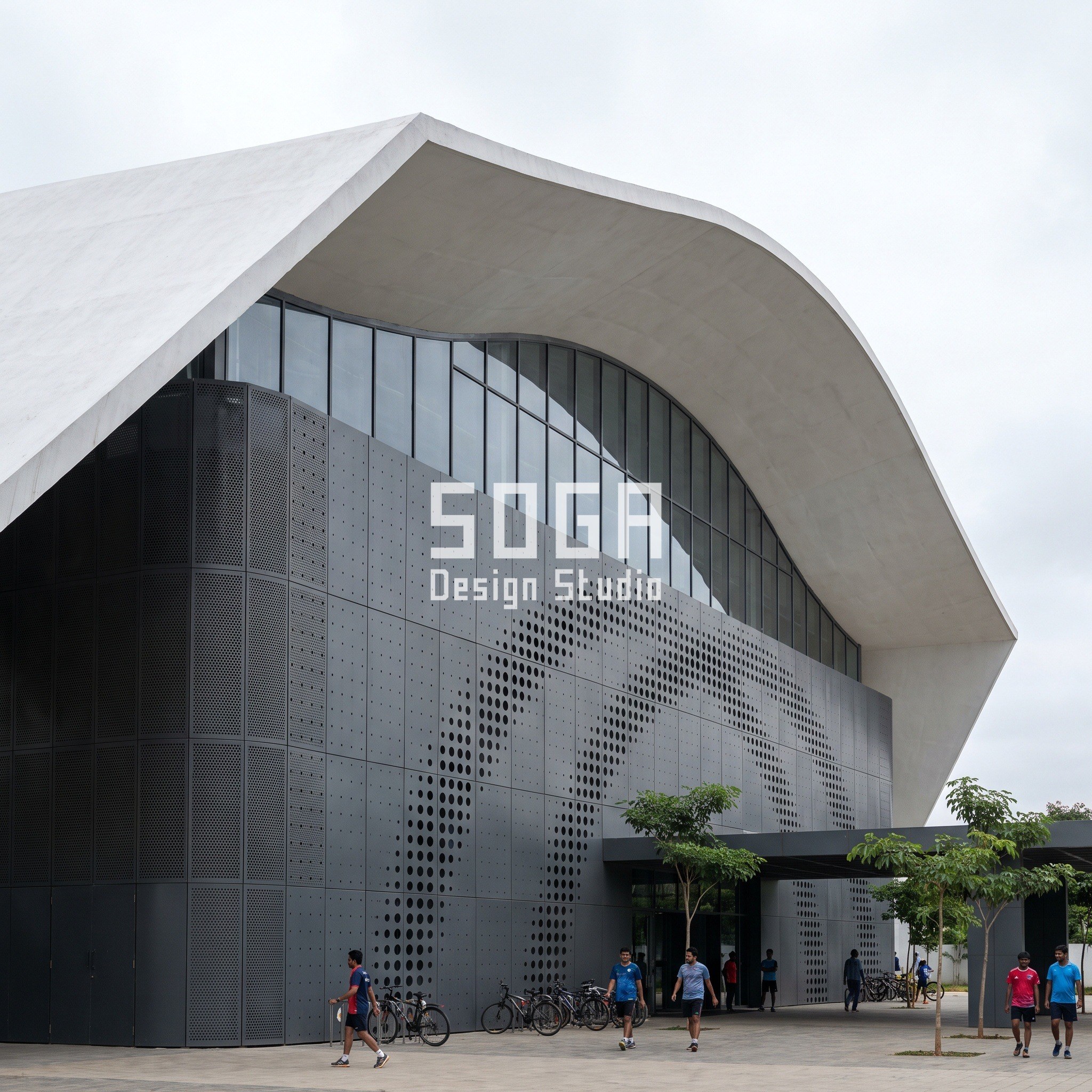 Sports Centre Facade Design India: Five Parametric Concepts 2 Badminton arena facade Bengaluru with a rising density-gradient perforation pattern under a folded roof - SOGA concept