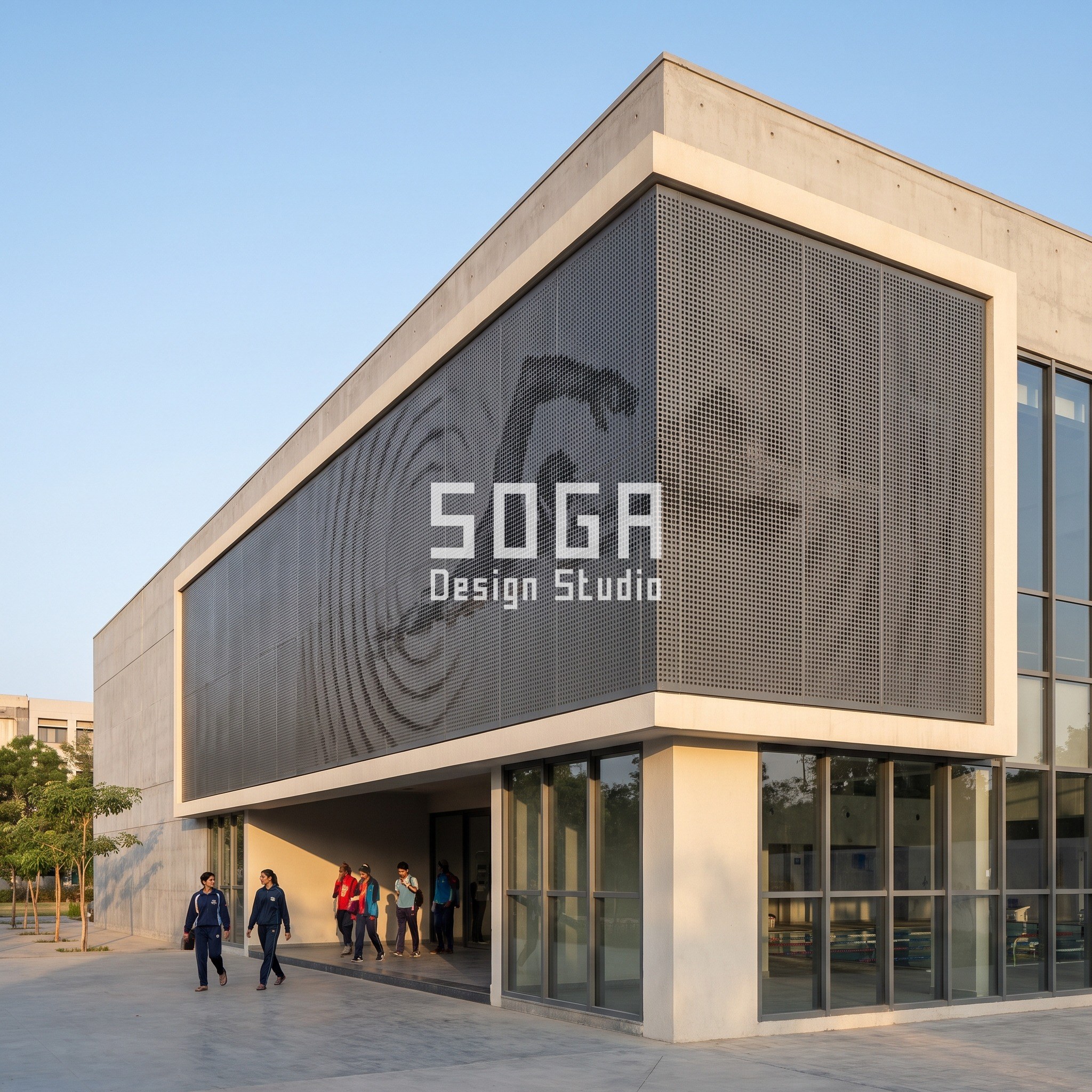 Sports Centre Facade Design India: Five Parametric Concepts 1 Aquatic centre facade Ahmedabad with concentric ripple rings drawn in perforation holes on a leaning corner - SOGA concept