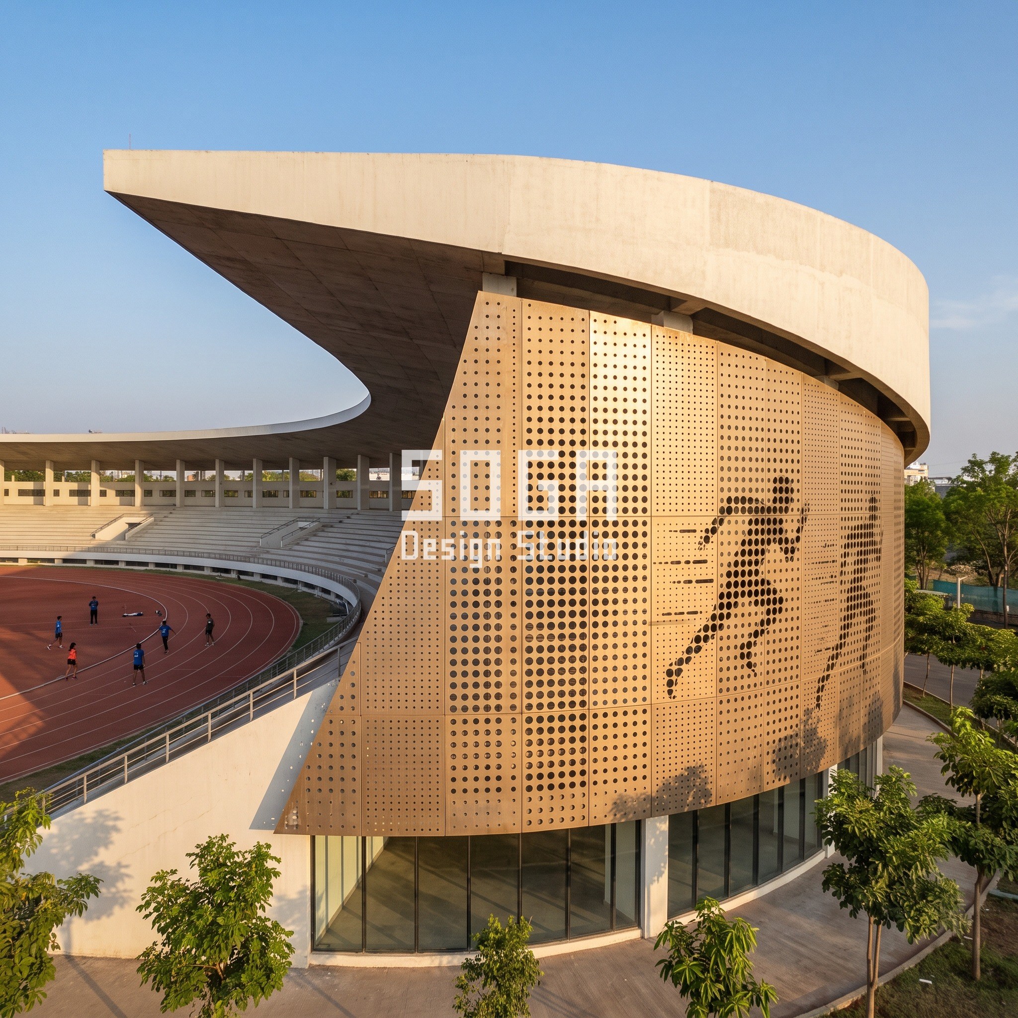 Sports Centre Facade Design India: Five Parametric Concepts 3 Athletics stadium facade Pune with a sprinter portrait in perforation holes under an upturned roof - SOGA concept