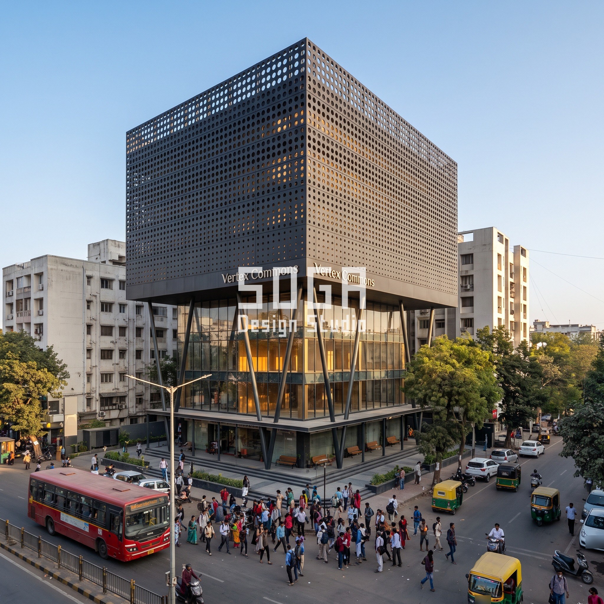 Stacked Volume Facade Design India: Shift, Then Skin 1 Vertex Commons concept in Vadodara: 6-storey matte black punched-hole screen box cantilevering 12 m over a glazed podium on 45-degree steel V-columns