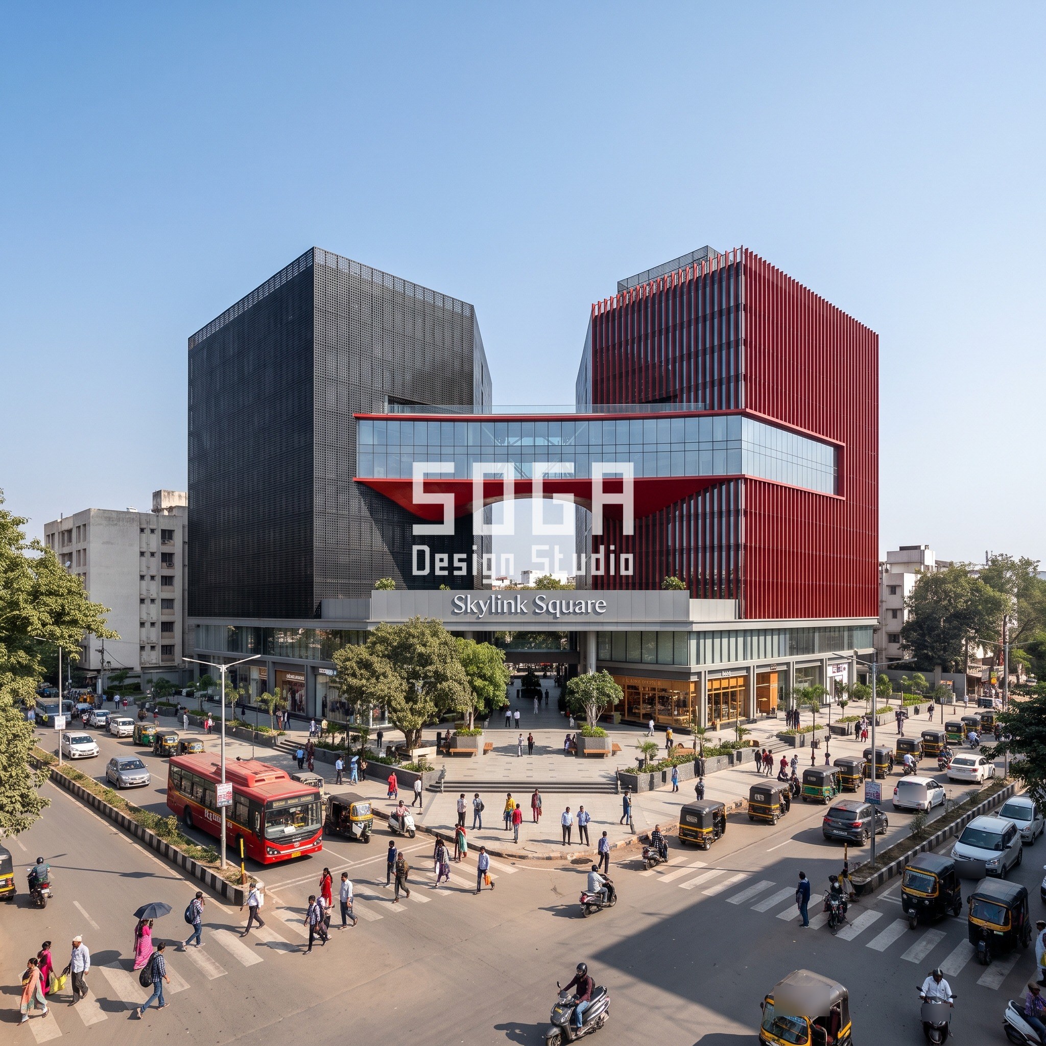 Stacked Volume Facade Design India: Shift, Then Skin 5 Skylink Square concept in Raipur: two 12-storey blocks, one black punched-hole screen and one red fin, joined by a 22 m glazed sky-bridge at floor 6
