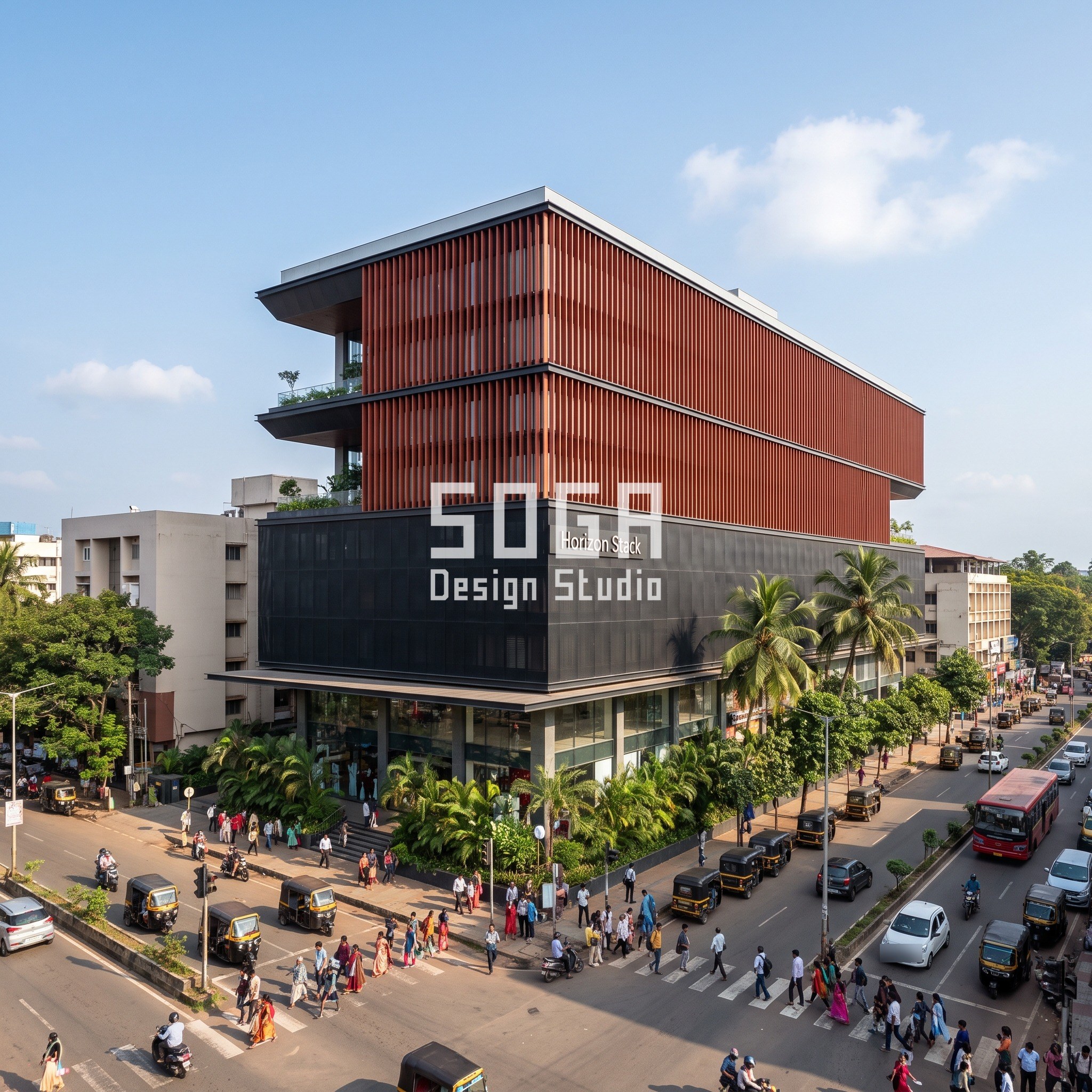 Stacked Volume Facade Design India: Shift, Then Skin 4 Horizon Stack concept in Mangaluru: three stacked volumes each shifted 3 m sideways, glass base, dark screen middle and terracotta-red fin top