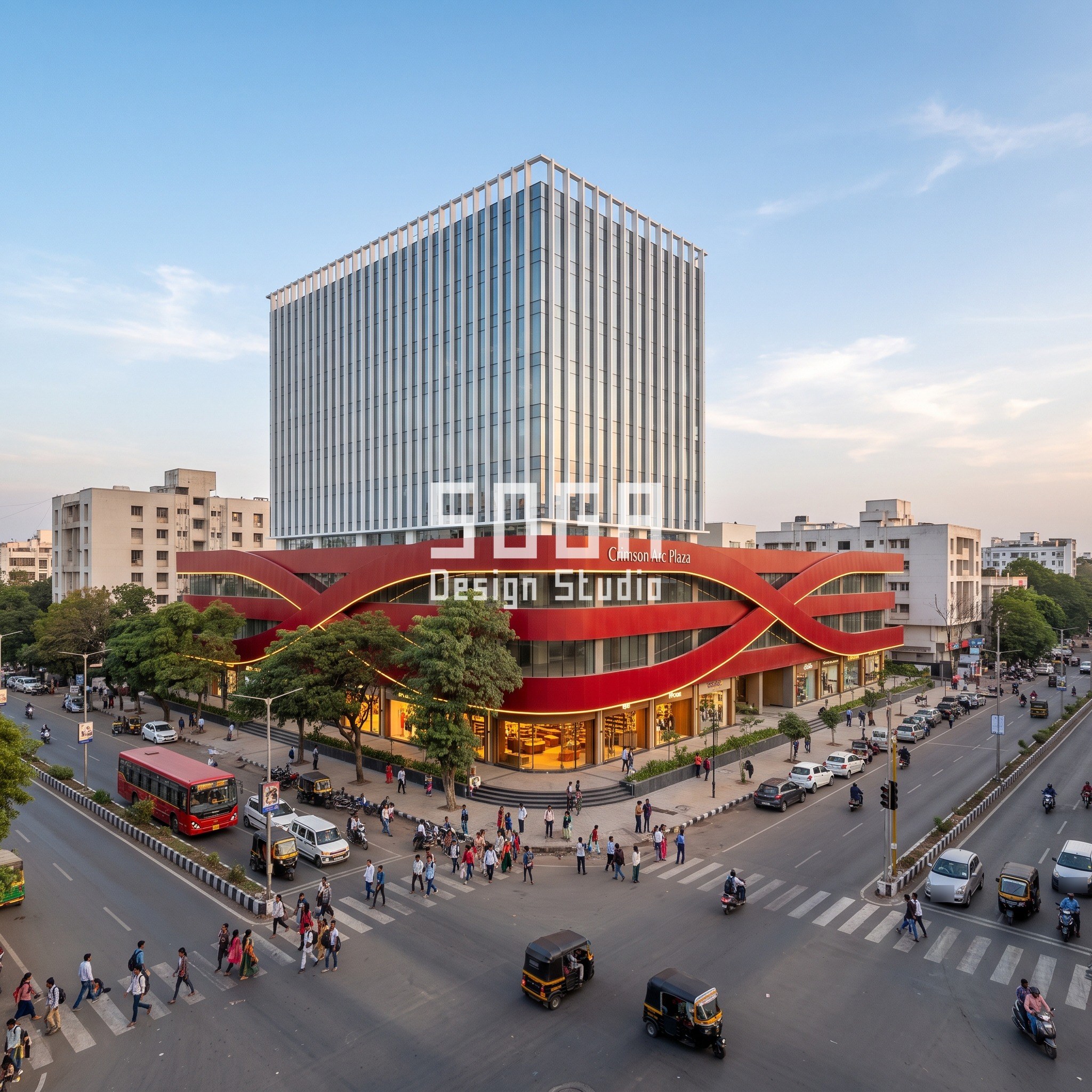 Stacked Volume Facade Design India: Shift, Then Skin 2 Crimson Arc Plaza concept in Nagpur: red powder-coated ribbon band, 1.2 m deep, sweeping in a sine wave round a 3-storey retail podium below a white-finned office block