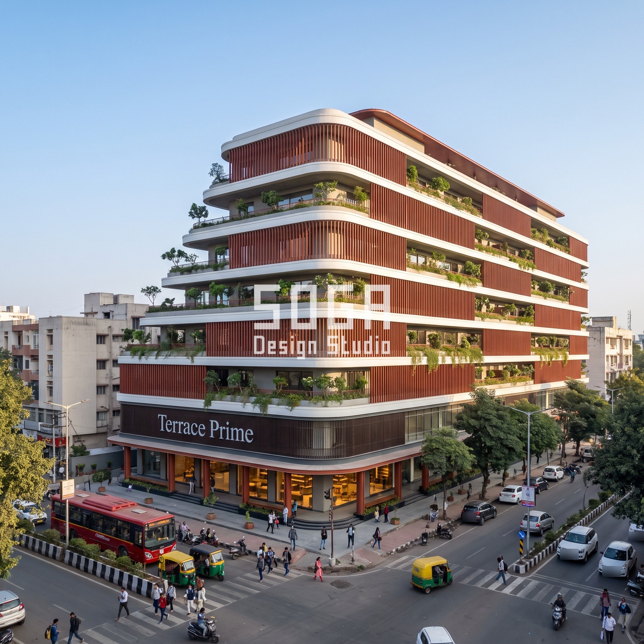 Stacked Volume Facade Design India: Shift, Then Skin 3 Terrace Prime concept in Bhopal: 8-storey hotel and retail block stepping back 1.5 m per floor into planted terraces with terracotta-red vertical fins