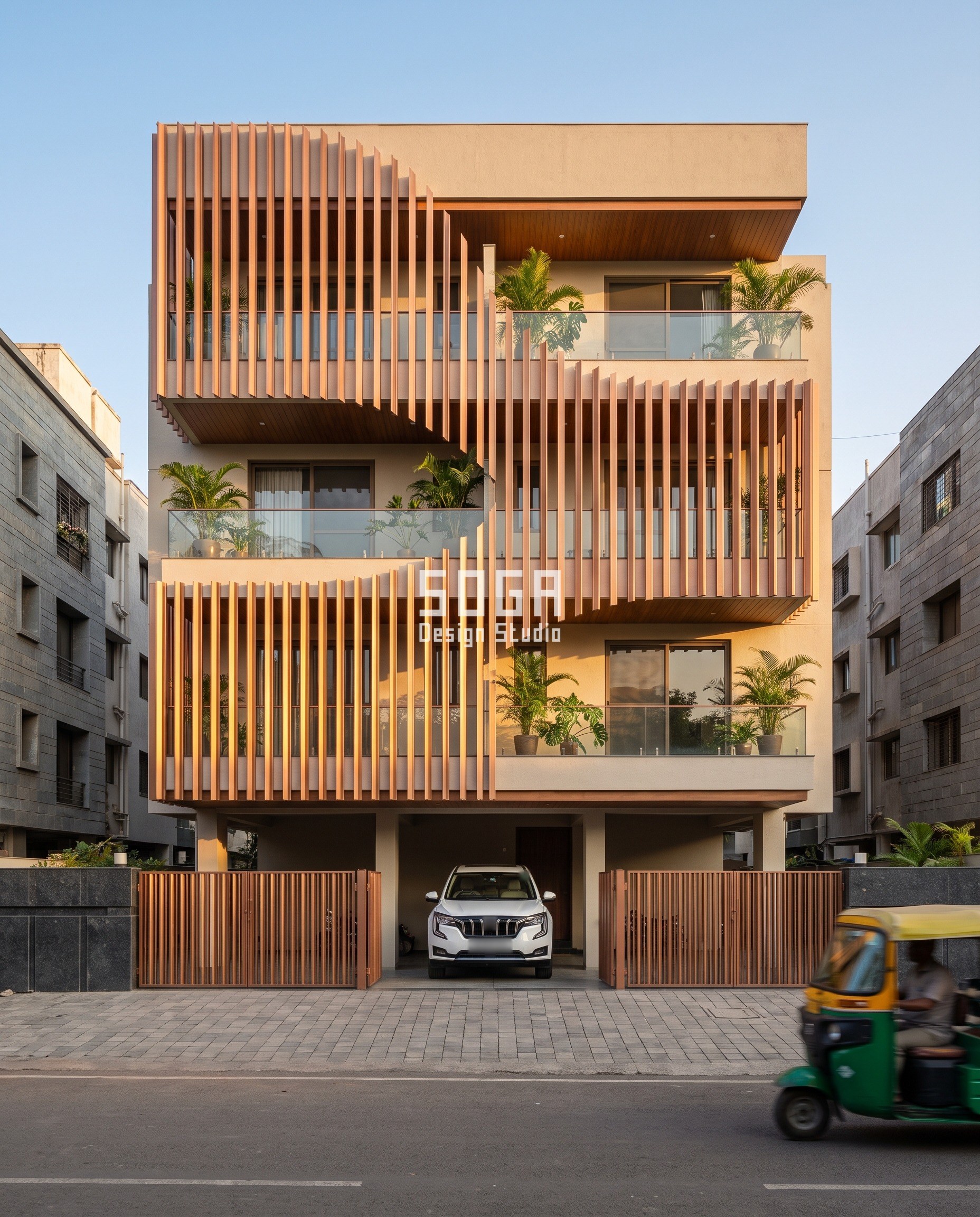 Unique House Elevation Design: Keep the Slat, Move the Line 4 Pune corner house front design with louvers: copper-bronze blade fins at 190 mm centres sway sideways in a travelling wave across three floors of glazing, lit by low golden sun, with matching slatted gates at the stilt.