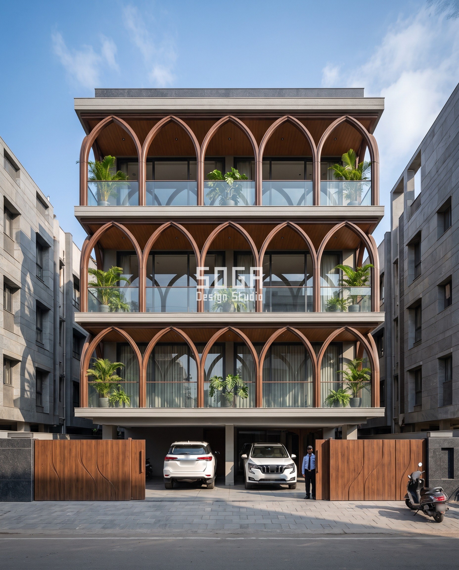 Indo Contemporary Elevation Design: Build for the Street 3 Ahmedabad Indo contemporary front elevation: walnut wood-grain finish pointed ribs interlace into a five-bay arcade on each of three floors over glass balconies, in clear late-morning sun above walnut-finish gates.