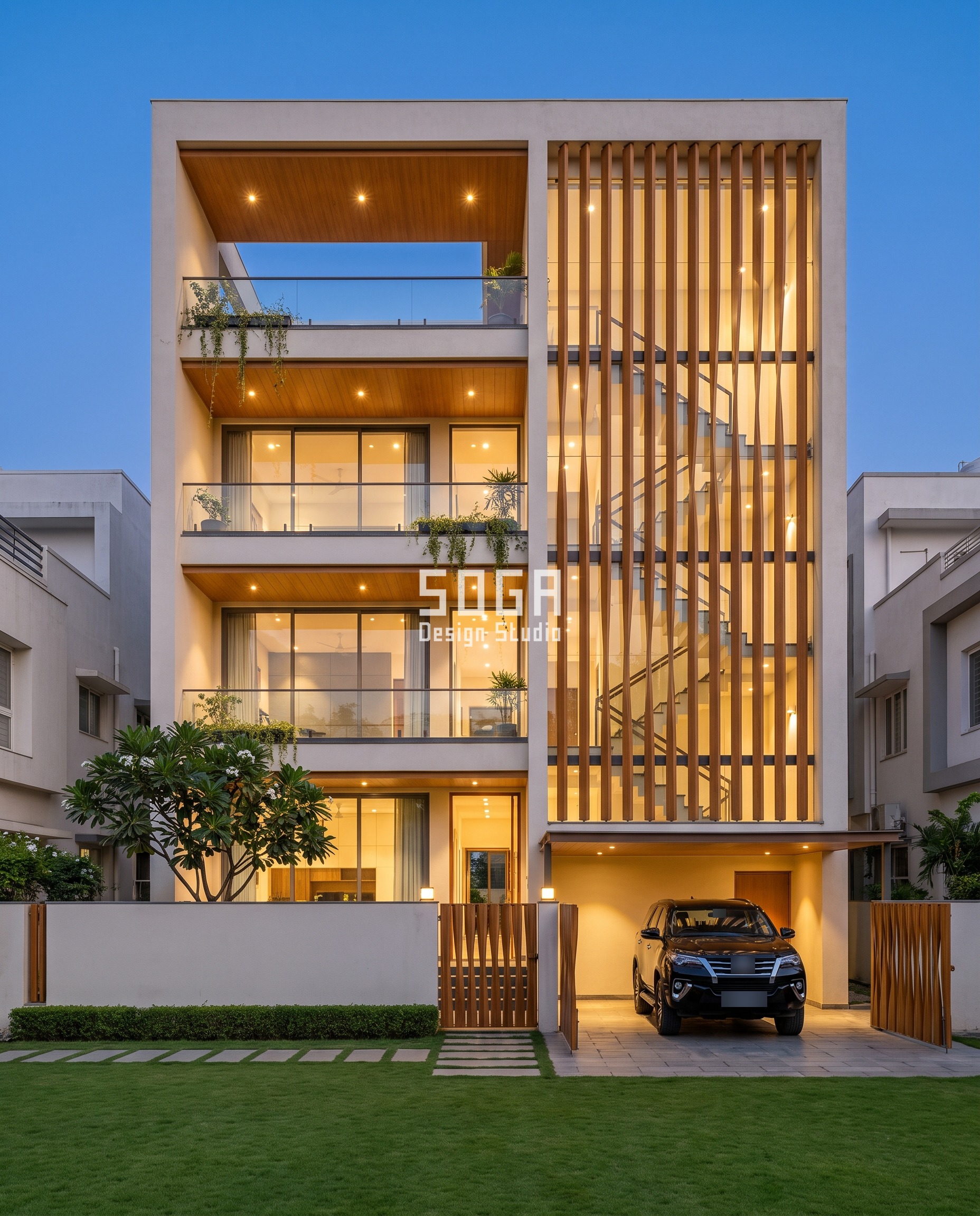 Staircase Elevation Design: Light Low, Vent The Mumty 1 Staircase elevation design of a G+3 Indore villa at blue hour, tall teak-finish fins twisting in front of a glowing glass stair tower beside a clipped lawn