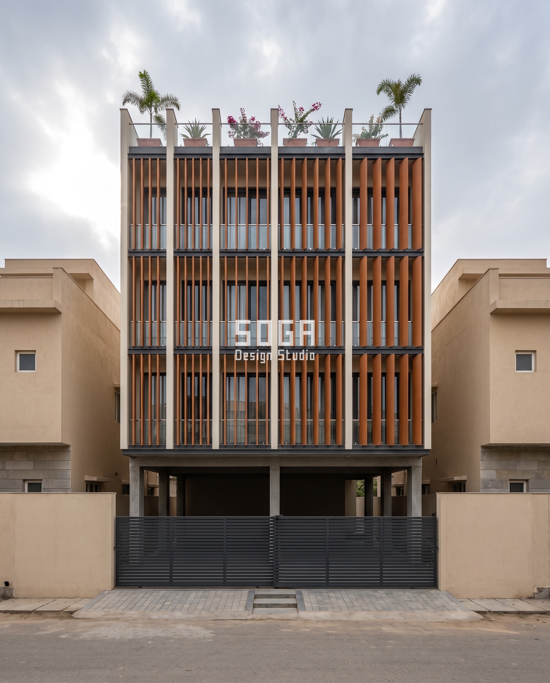 Uneven Windows House Elevation India: Choose The Angle 1 House elevation design with uneven window depth in Sikar, India: russet titanium-zinc blades whose folded return cheeks step 180, 250, 450, 650 and 900 mm across five zones.