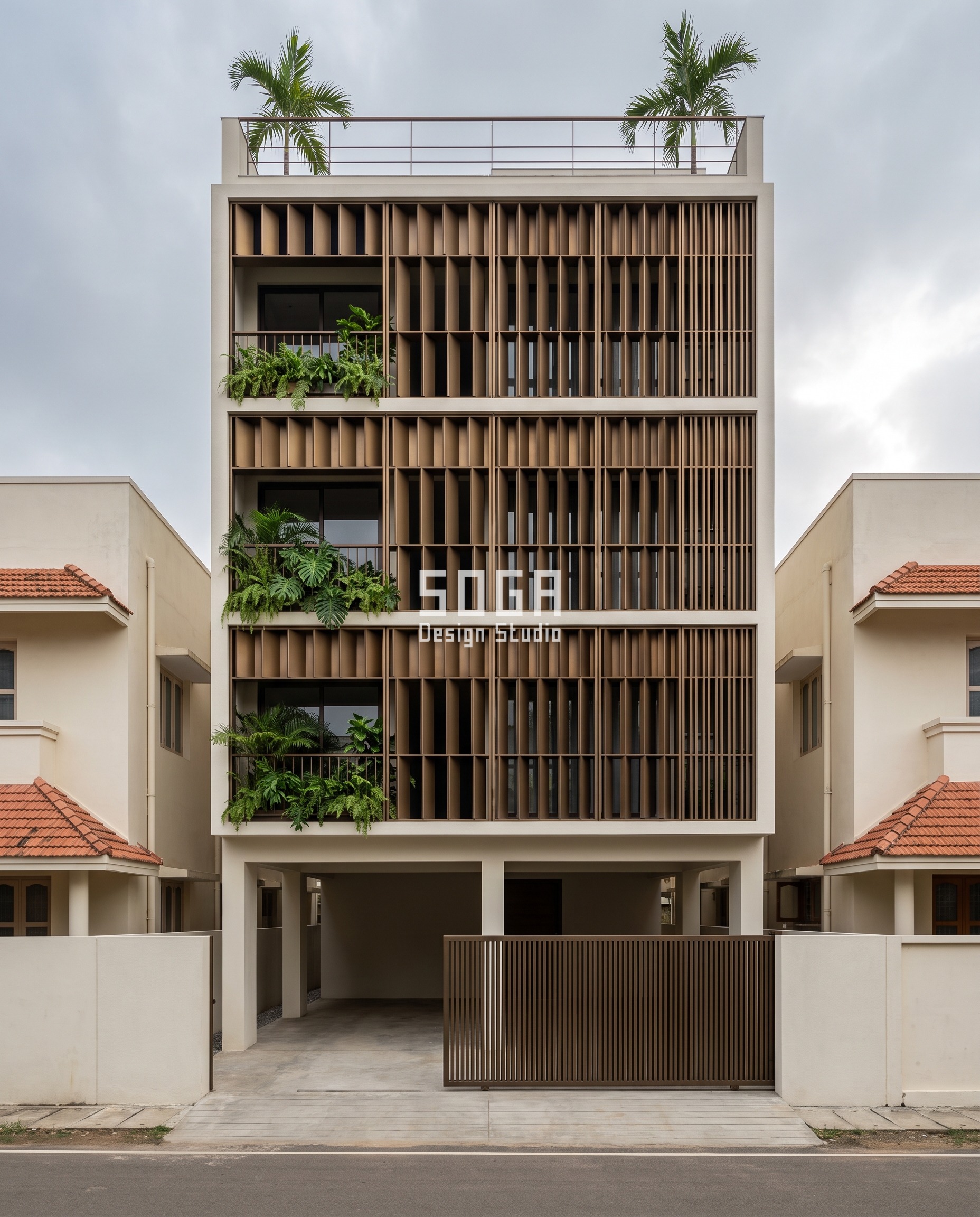 Uneven Windows House Elevation India: Choose The Angle 2 Uneven window rhythm on a Nagercoil house elevation design - bronze stainless box cells on a fixed 600 mm grid with the open gap closing 500 mm to 120 mm from left to right.